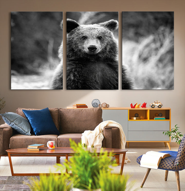 Grizzly Bear Wall Art Canvas Print, Framed Black White Bear Art Picture Print, Wild Bear Perfect Rustic Wildlife Decor