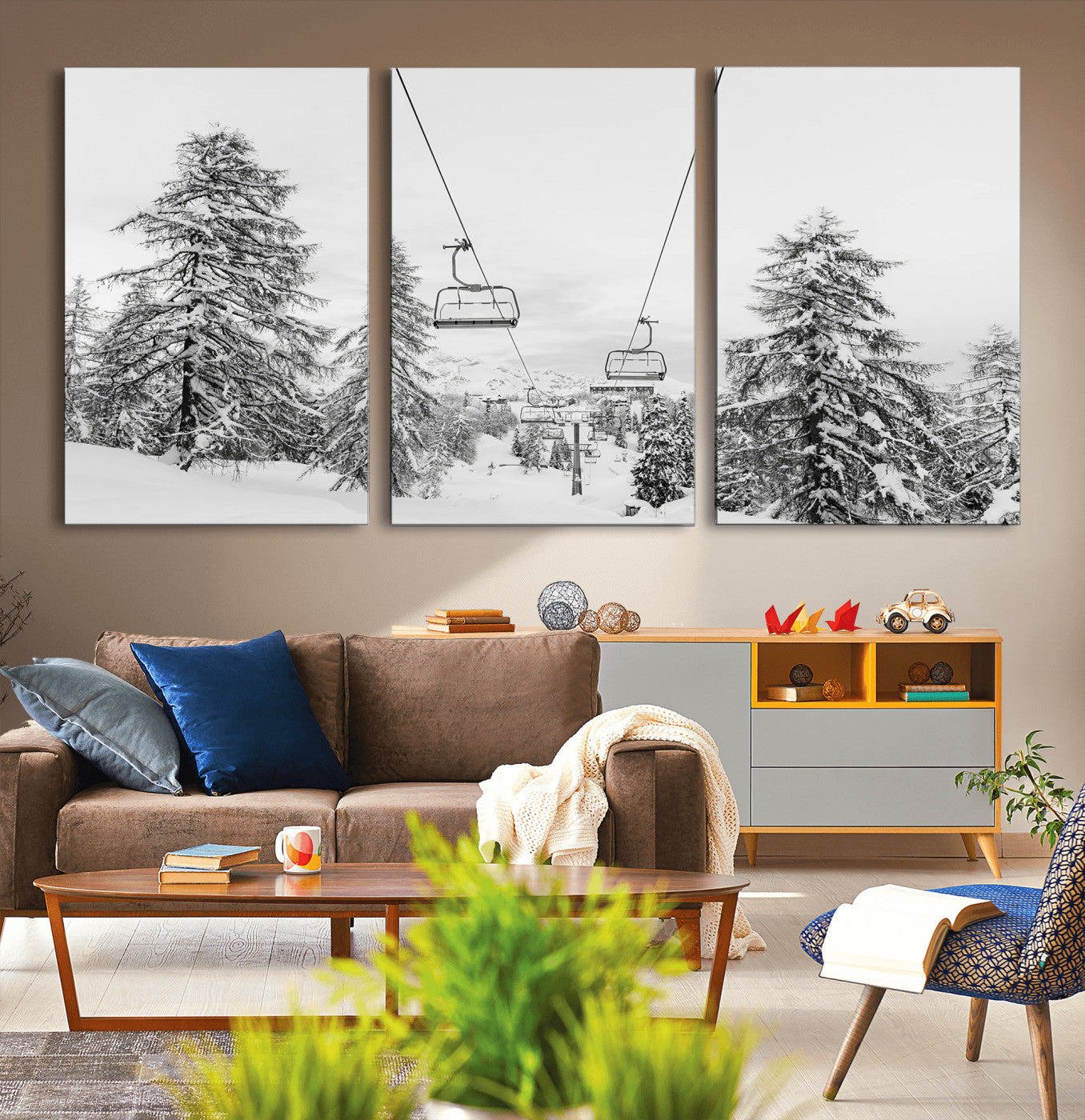 55003599-MGV-CV-36X24-Ski Lift Wall Art – Framed Snowy Mountain Canvas Artwork, Winter Forest Design, Minimal Nature Decor for Home, Office