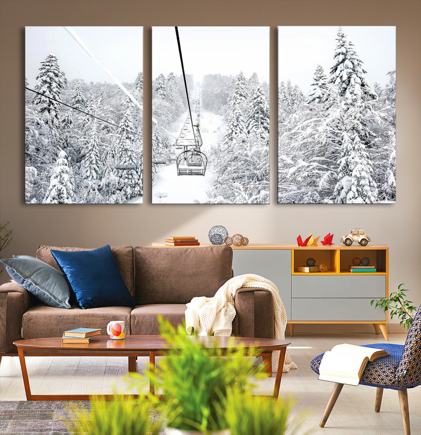 Snowy mountain landscape with a ski lift and snow-covered trees, ideal for winter-themed home decor. Perfect for modern, minimalist interiors.