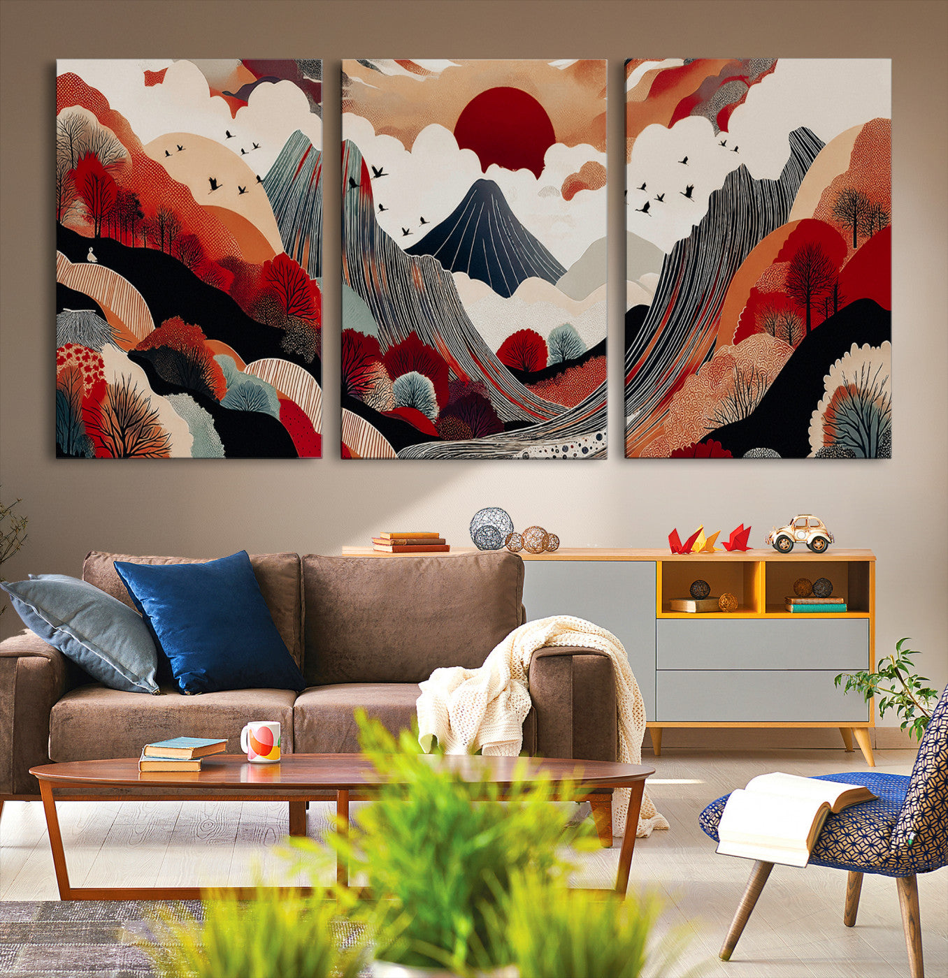 49034575-MGV-CV-60X30-3P-Abstract Mountain Wall Art Canvas Print, Framed Vibrant Landscape Art Picture Print, Stylized Nature Drawing Perfect Contemporary Minimalist