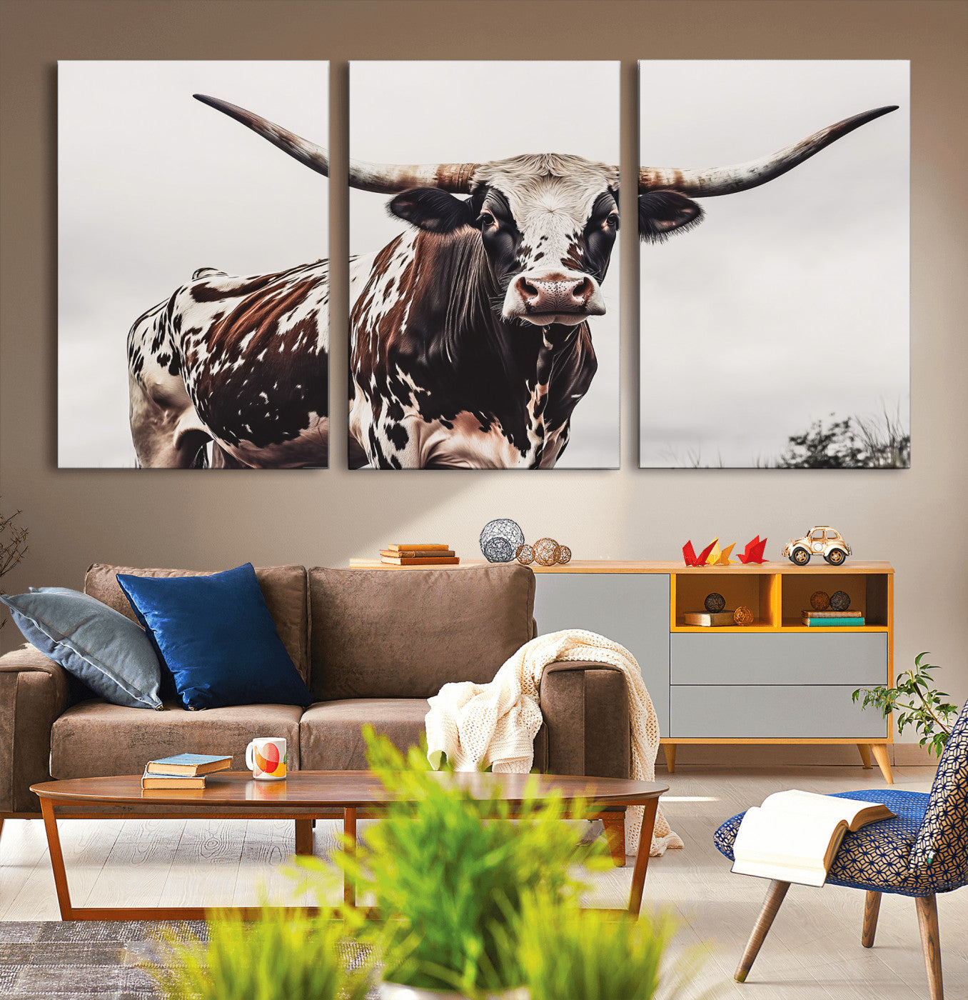 Close-up of a Texas Longhorn bull with powerful horns, perfect for rustic farmhouse or country-themed home decor. Ideal for animal lovers.