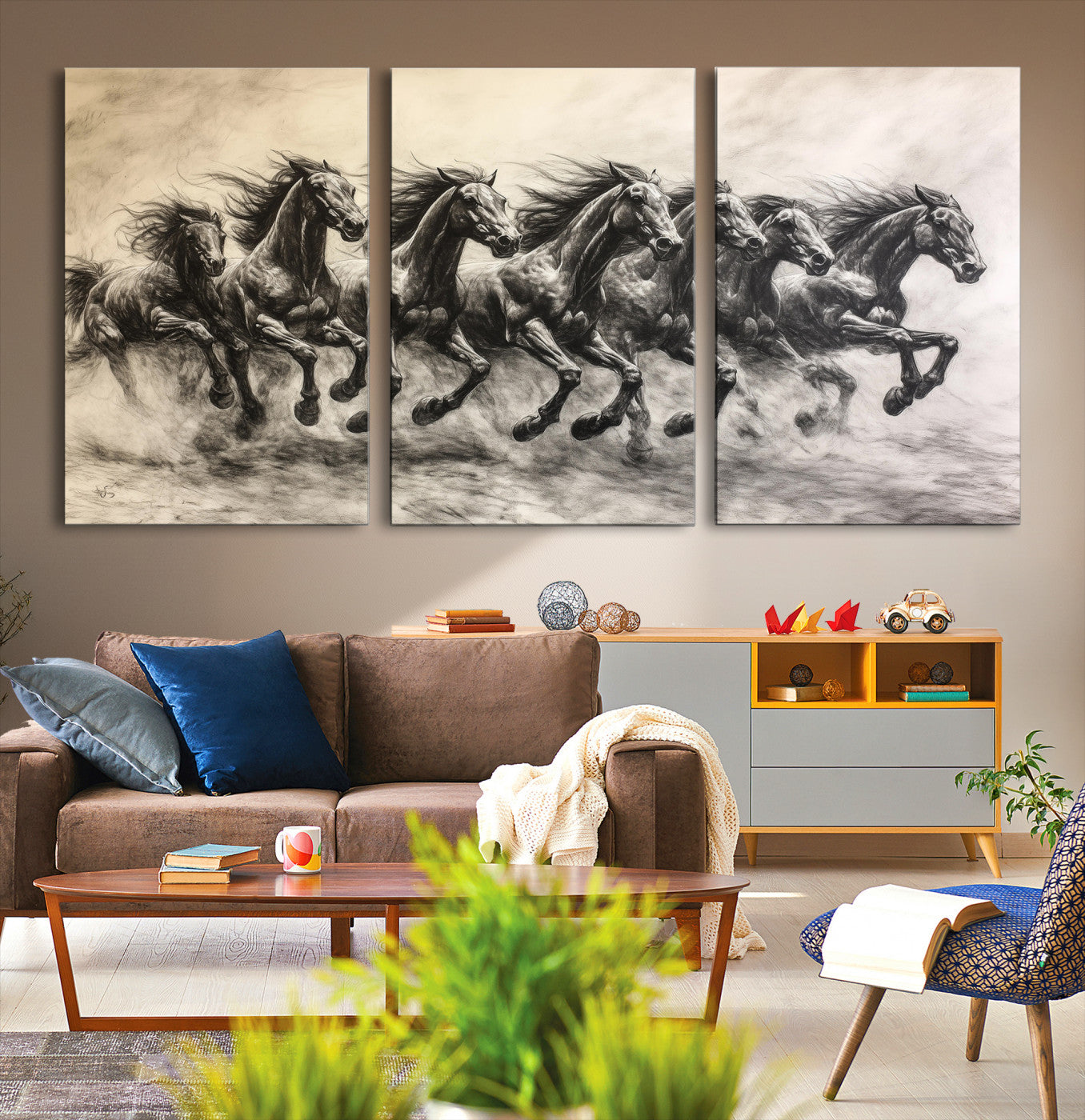 56089591-MGV-CV-36X24-Galloping Horses Wall Art Canvas Print – Framed Wild Stallions Herd Sketch Dynamic Equestrian Artwork for Home Office