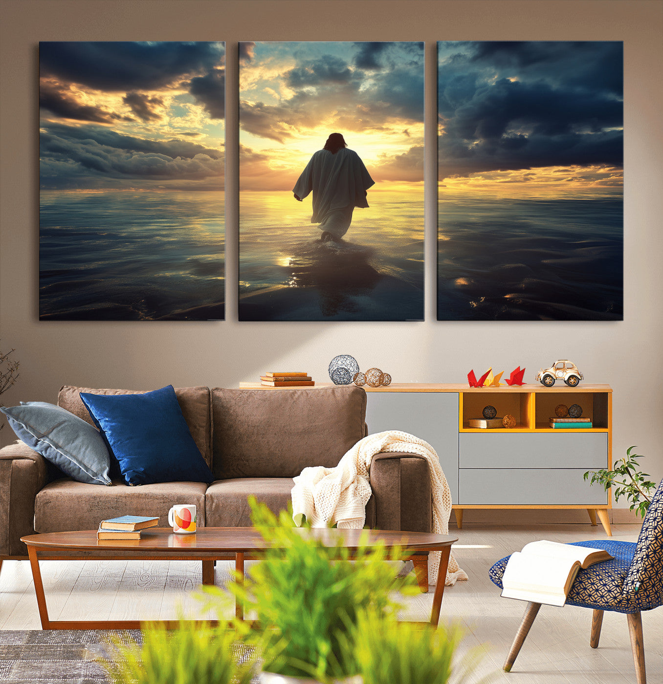 MGV-CV-60X30-3P - Jesus Walks Wall Art Canvas Print, Framed Divine Sunset Art Picture Print, Spiritual Light Perfect Spiritual Tranquil Decor Artwork