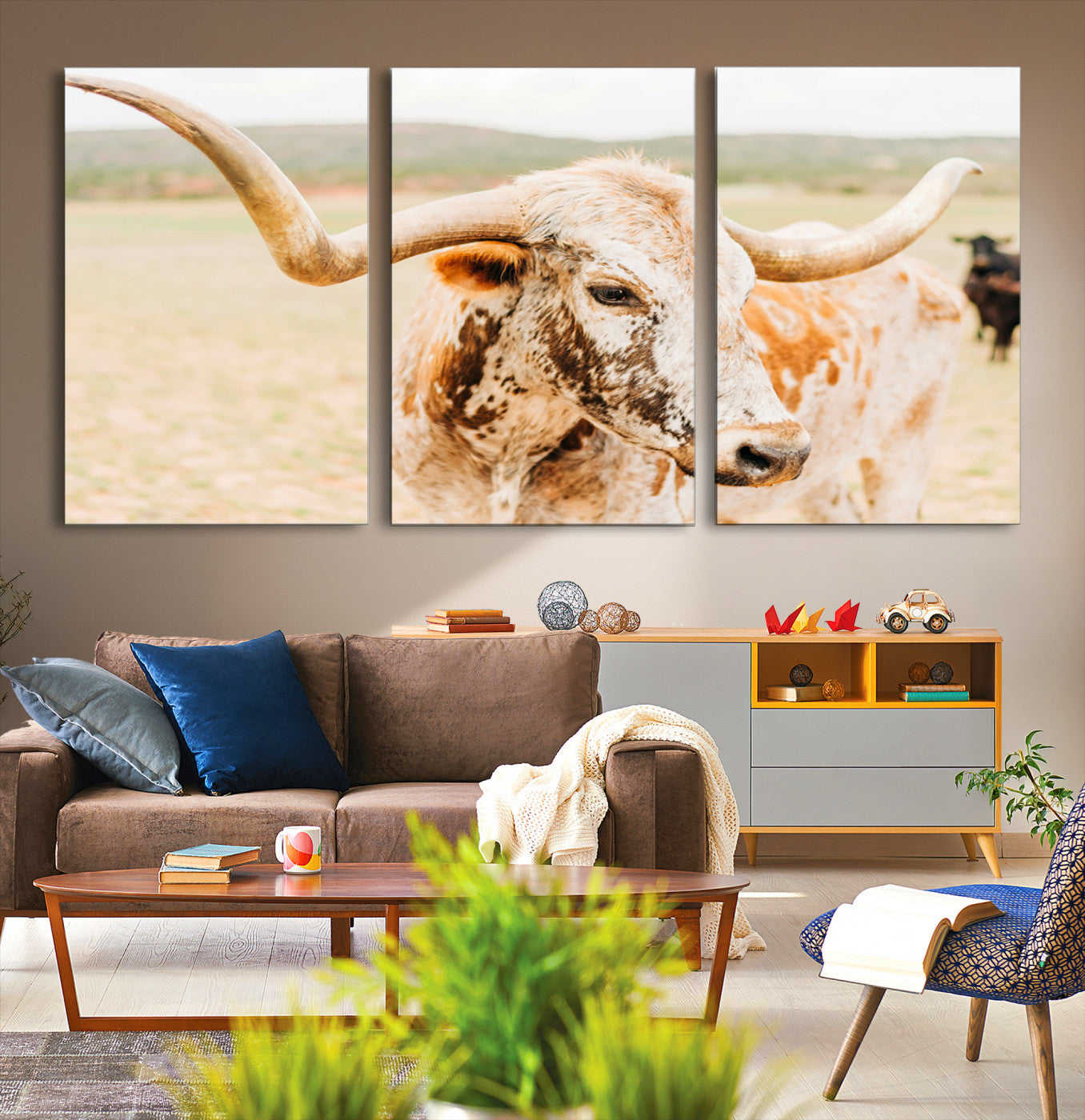 21060648-MGV-CV-36X24-Texas Longhorn Wall Art Canvas Print – Framed Speckled Cow Rustic Bull Western Farmhouse Animal Artwork for Home Office