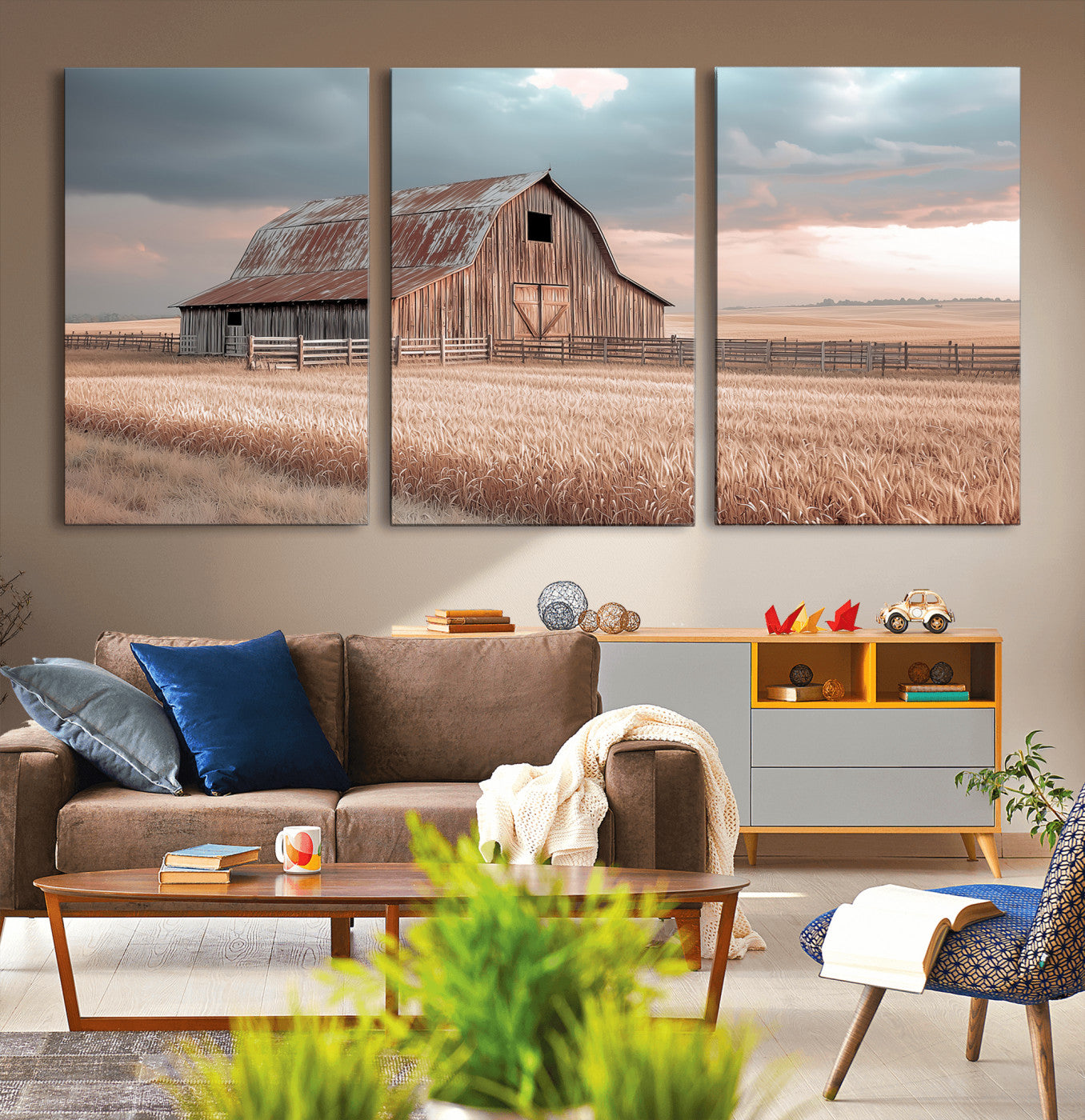 MGV-CV-60X30-3P - Rustic Barn Wall Art Canvas Print, Framed Wheat Field Art Picture Print, Sunset Barn Perfect Vintage Farmhouse Decor Artwork