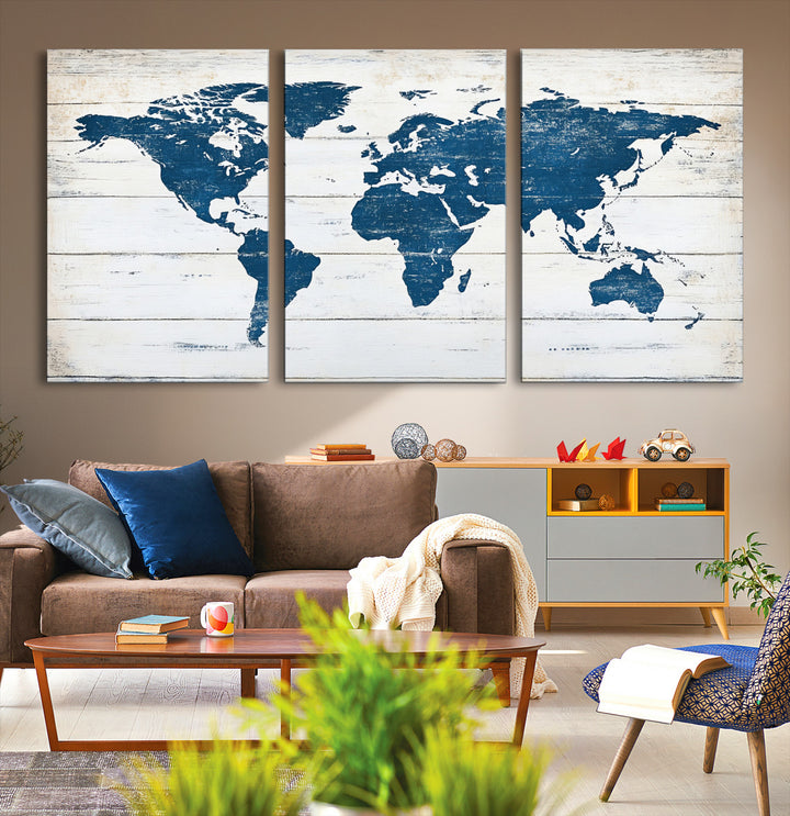 World Map Wall Art Canvas Print, Framed Rustic Atlas Art Picture Print, Wooden Map Perfect Vintage Decor Artwork
