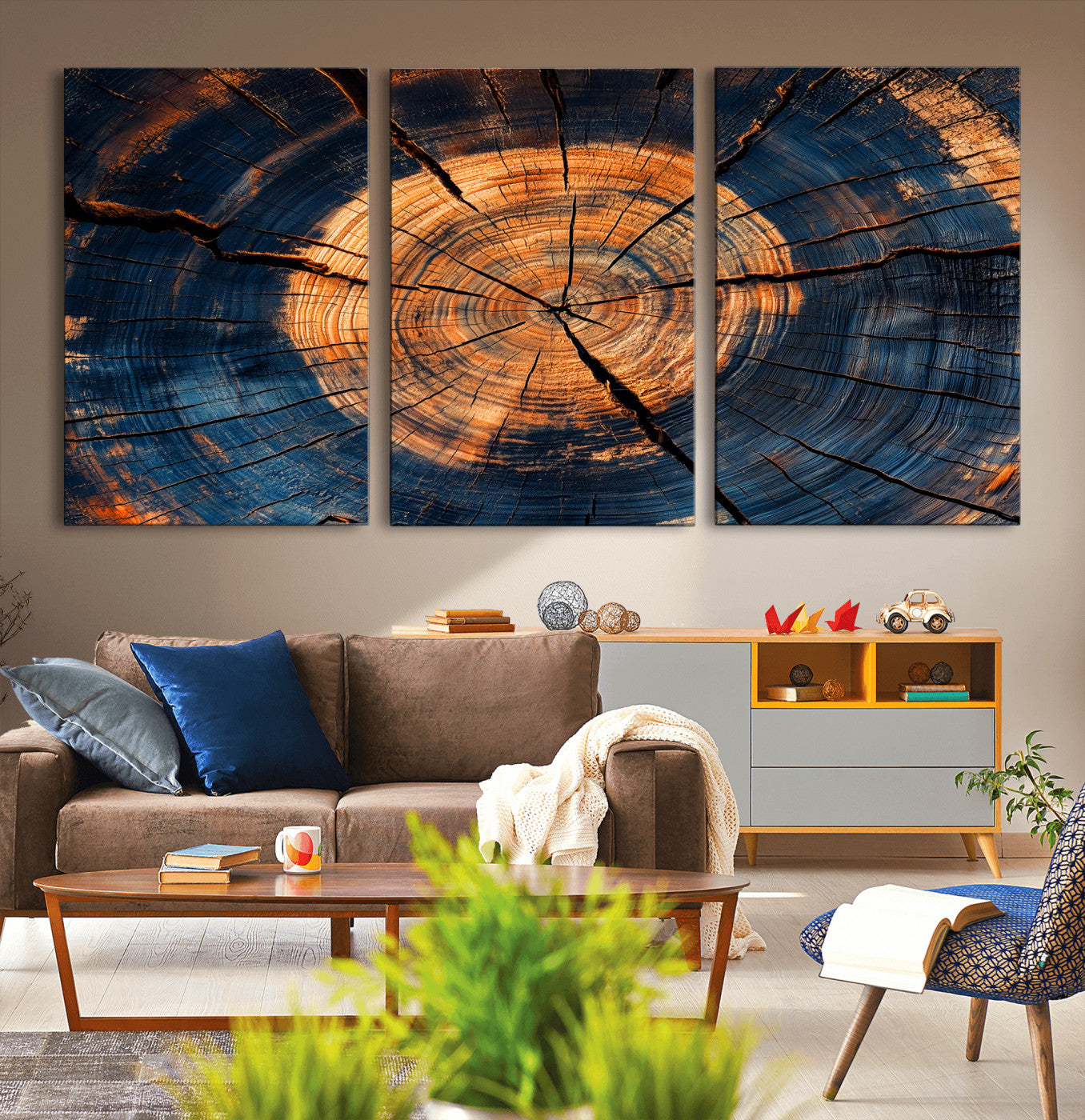 MGV-CV-60X30-3P - Burnt Wood Wall Art Canvas Print, Framed Aged Timber Art Picture Print, Rustic Tree Slice Perfect Rustic Decor Artwork