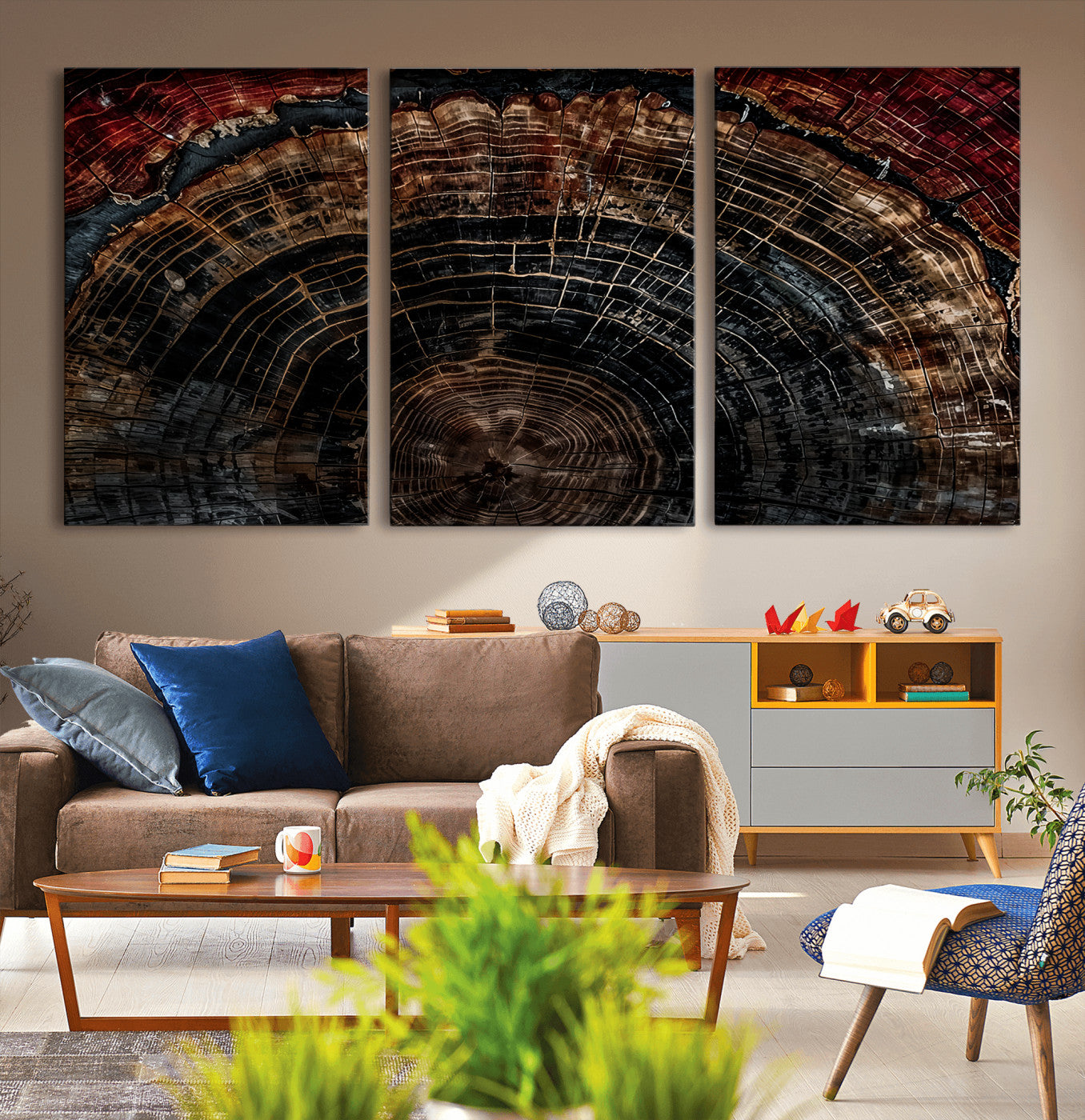 MGV-CV-60X30-3P - Dark Wood Ring Wall Art Canvas Print, Framed Abstract Wood Tree Art Picture Print, Rustic Tree Slice Perfect Rustic Decor Artwork