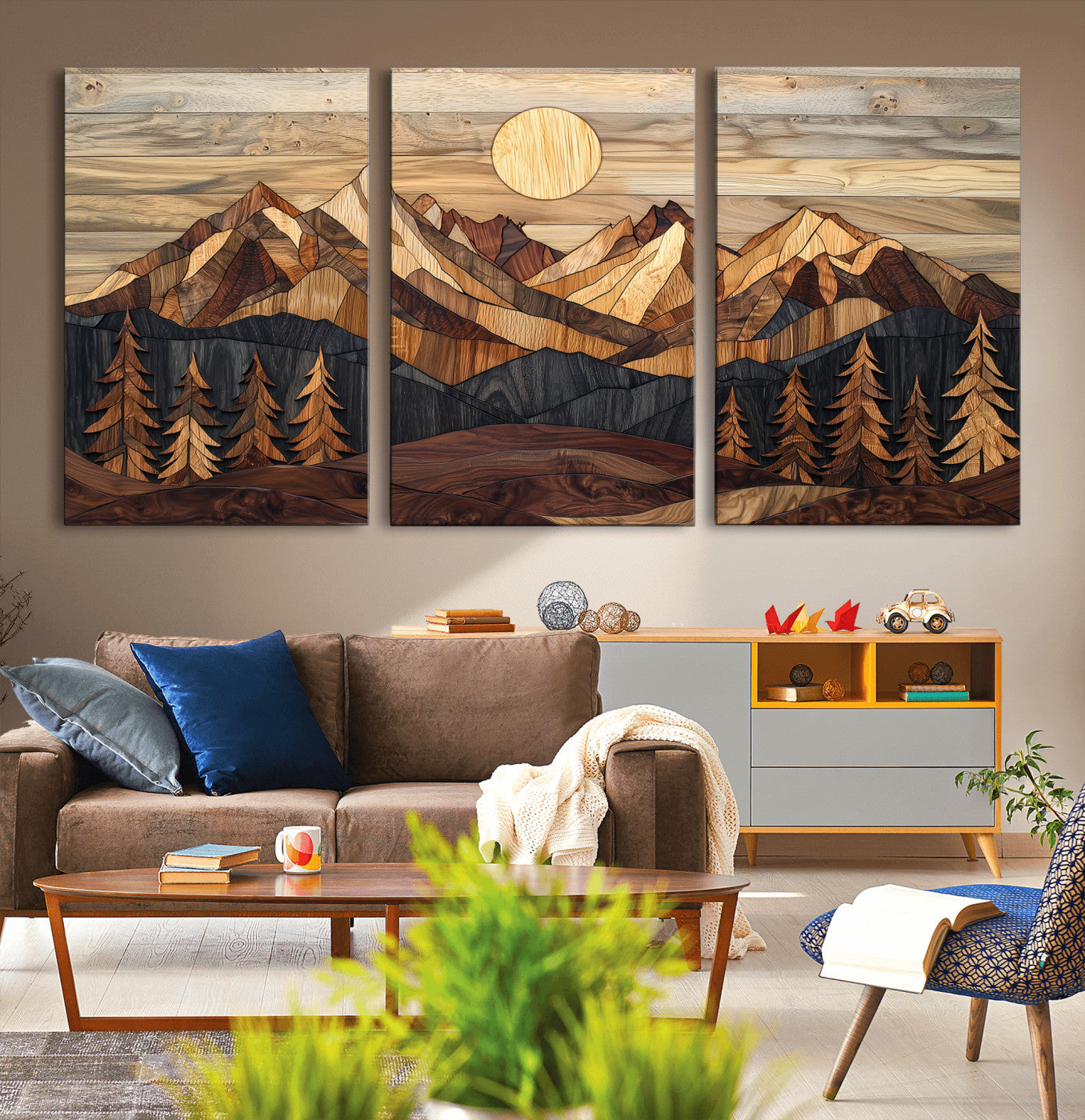 MGV-CV-60X30-3P - Wood Mountain Landscape Wall Art Canvas Print, Framed Sunset Hills Art Picture Print, Abstract Nature Perfect Boho Decor Artwork