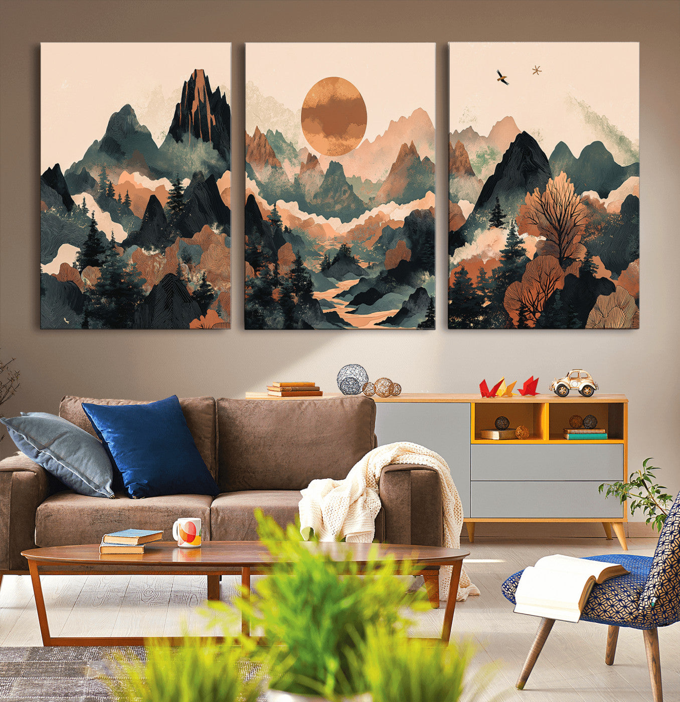 MGV-CV-60X30-3P - Wood Mountain Landscape Wall Art Canvas Print, Framed Sunset Hills Art Picture Print, Abstract Nature Perfect Boho Decor Artwork