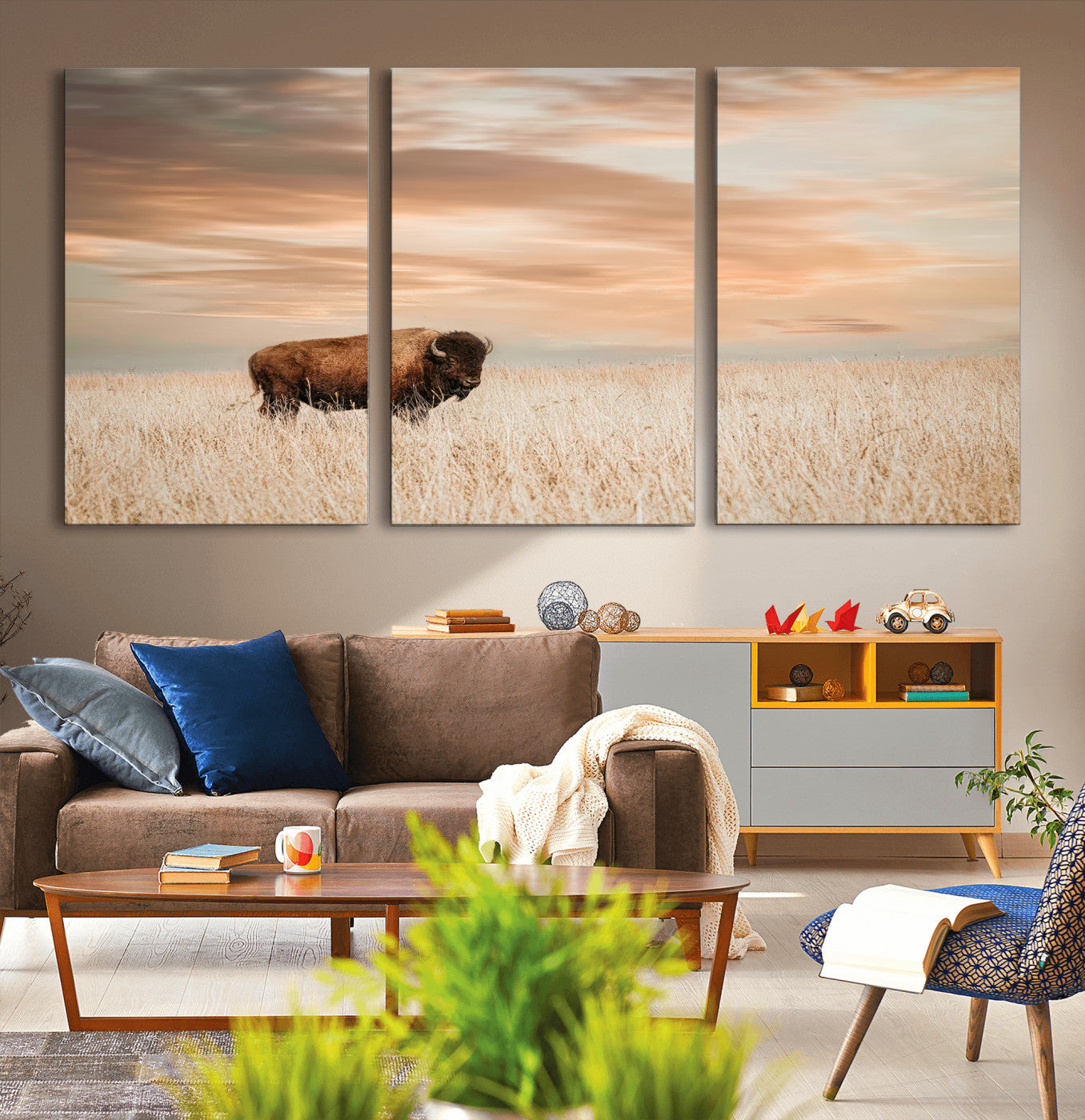 MGV-CV-60X30-3P - Bison Wall Art Canvas Print, Framed Buffalo Art Picture Print, Western Prairie Perfect Rustic Decor Artwork