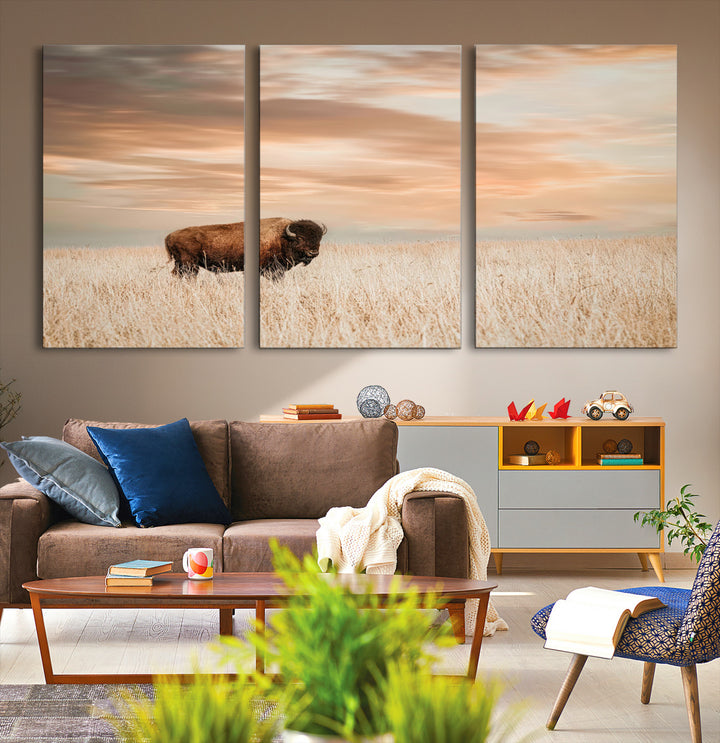 Bison Wall Art Canvas Print, Buffalo Print, Framed Western Prairie Art Print, Large Rustic Wildlife Printing Perfect for Rustic Decor