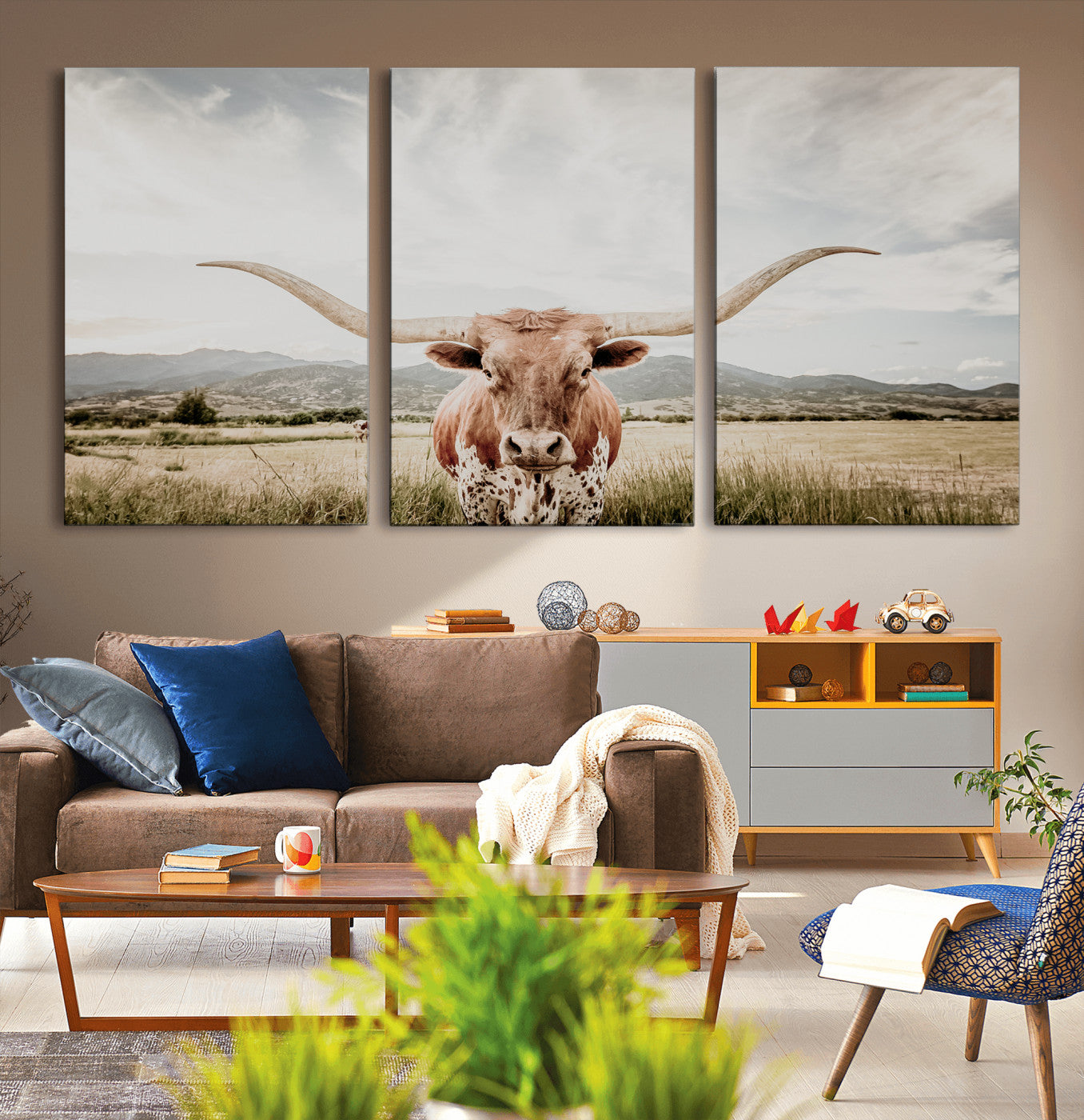 80054319-MGV-CV-36X24-Texas Longhorn Wall Art Canvas Print – Framed Western Cow Scene with Rustic Farmhouse Artwork for Home, Office