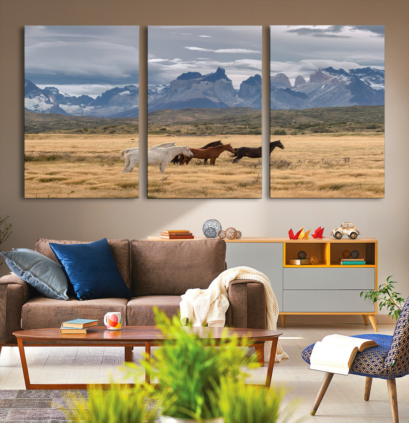 69960232-MGV-CV-36X24-Horses Grazing Wall Art Canvas Print – Framed Mountain Field Scenic Landscape Cloudy Sky Nature Artwork for Home Office