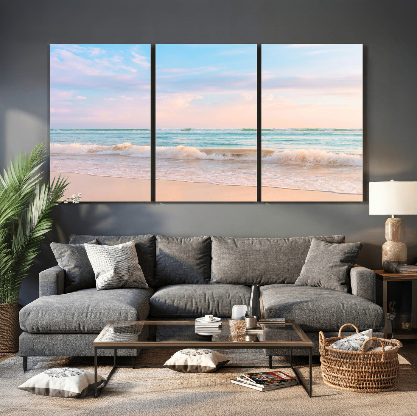 74679437-MGV-CV-36X24 - Serene Waves Wall Art – Golden Shore & Soft Pastel Sky Canvas Print, Gentle Ocean and Peaceful Sunset for Living Room or Office