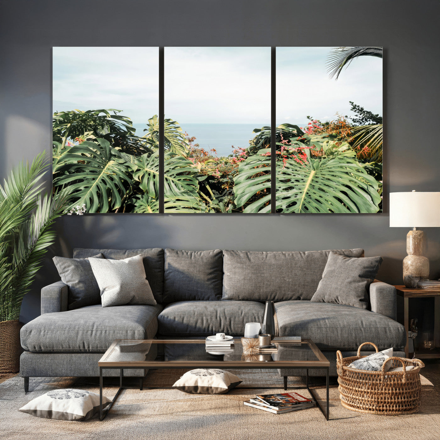 45700479-MGV-CV-36X24 - Tropical Greenery Wall Art – Exotic Leaves & Ocean View Canvas Print, Sunlit Paradise and Vibrant Nature for Living Room or Coastal Decor