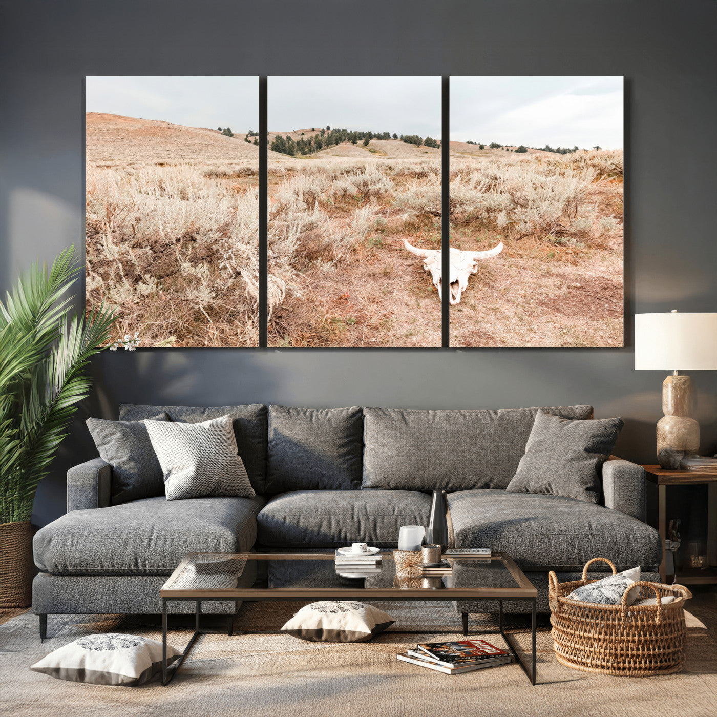 97234735-MGV-CV-36X24 - Desert Skull Wall Art – Arid Landscape & Sagebrush Canvas Print, Rustic Nature and Earth Tones for Living Room or Minimalist Decor