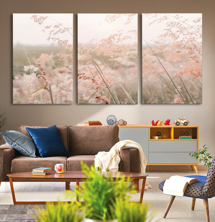 Pastel Grasses Wall Art Canvas Print, Soft Meadow Print, Framed Field in Breeze Art Print, Large Pink Meadow Printing Soft Pastel