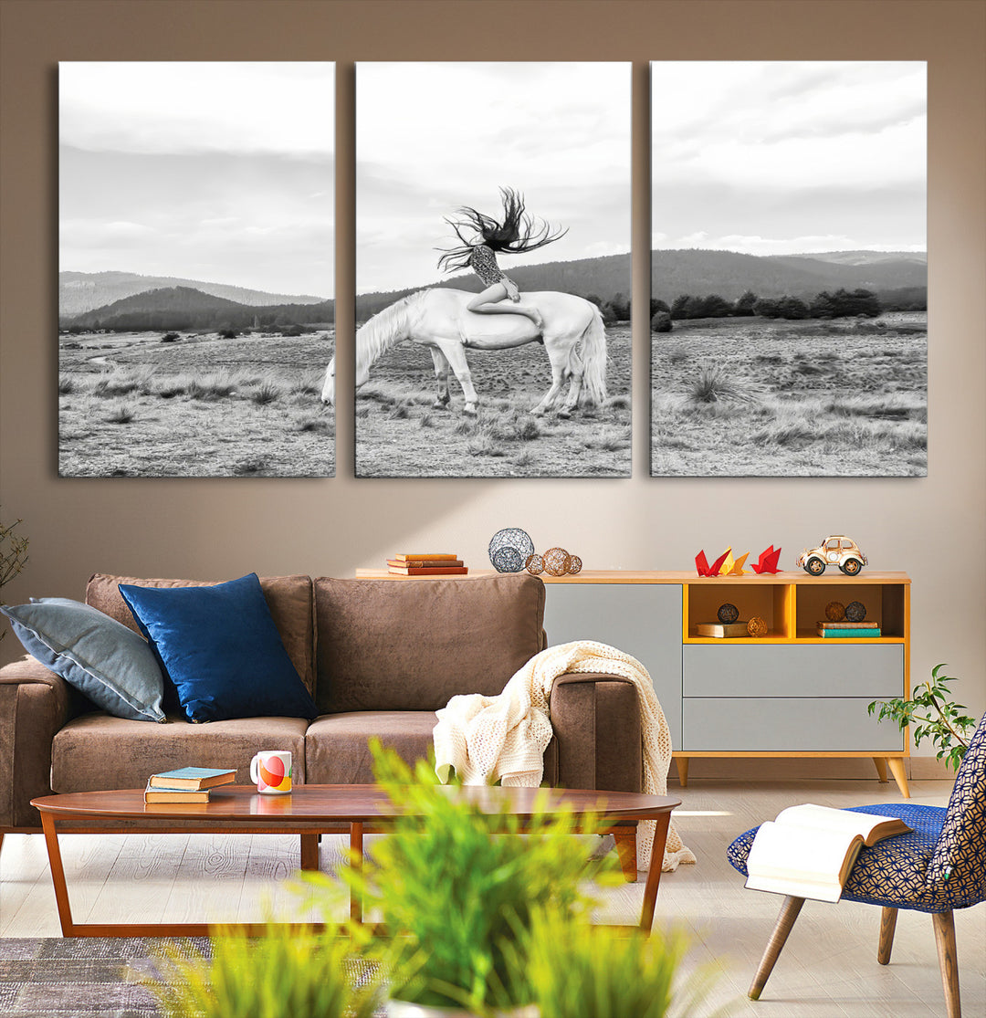 White Horse Wall Art Canvas Print, Woman Rider Print, Framed Equestrian Pose Art Print, Large Grazing Horse Printing Western Boho