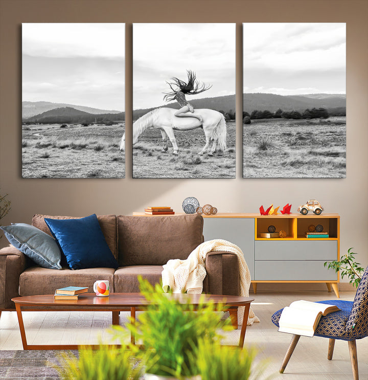 White Horse Wall Art Canvas Print, Woman Rider Print, Framed Equestrian Pose Art Print, Large Grazing Horse Printing Western Boho