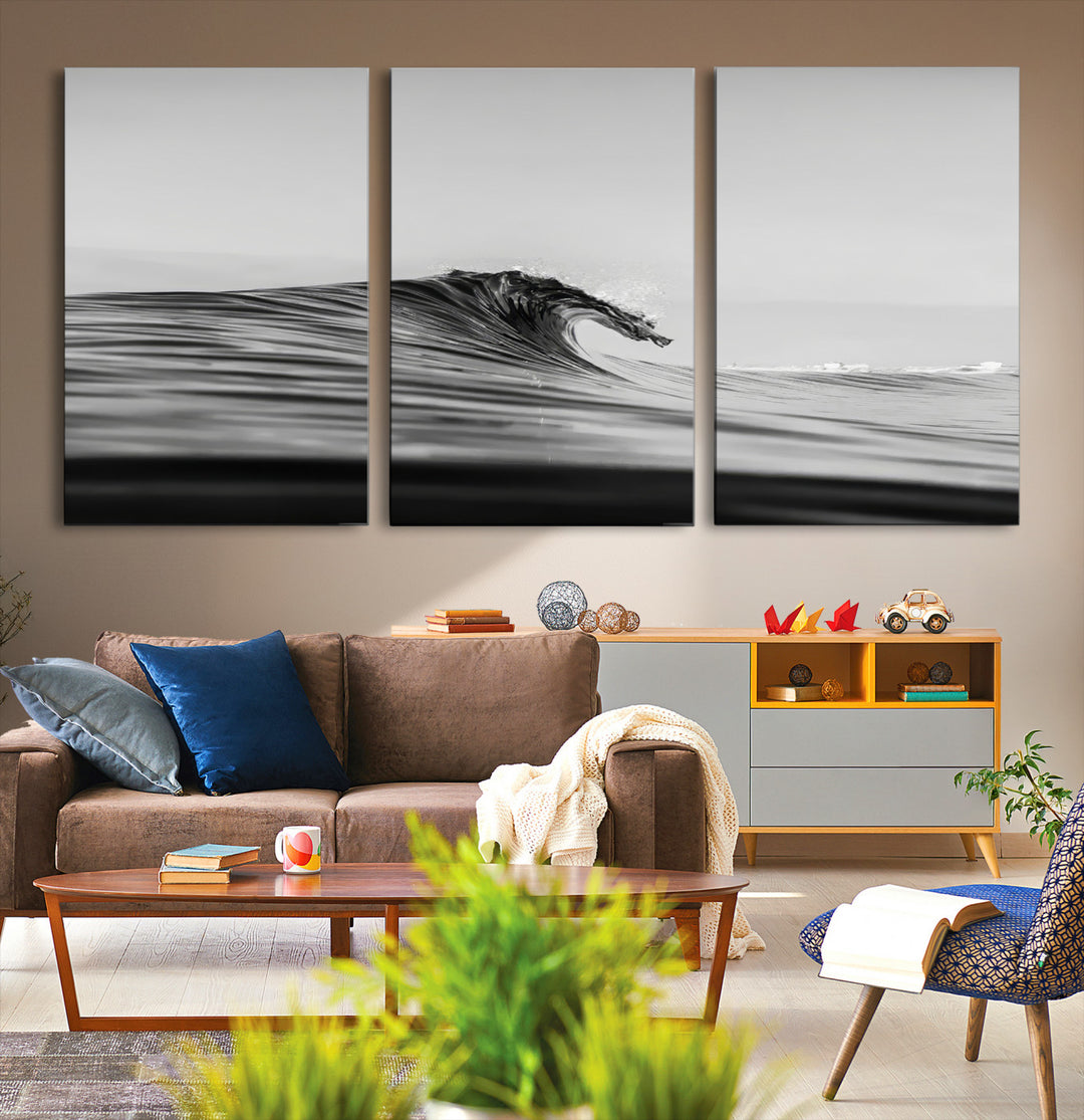 Black Wave Wall Art Canvas Print, Abstract Surf Print, Framed Minimalist Ocean Art Print, Large Black Water Printing Minimalist
