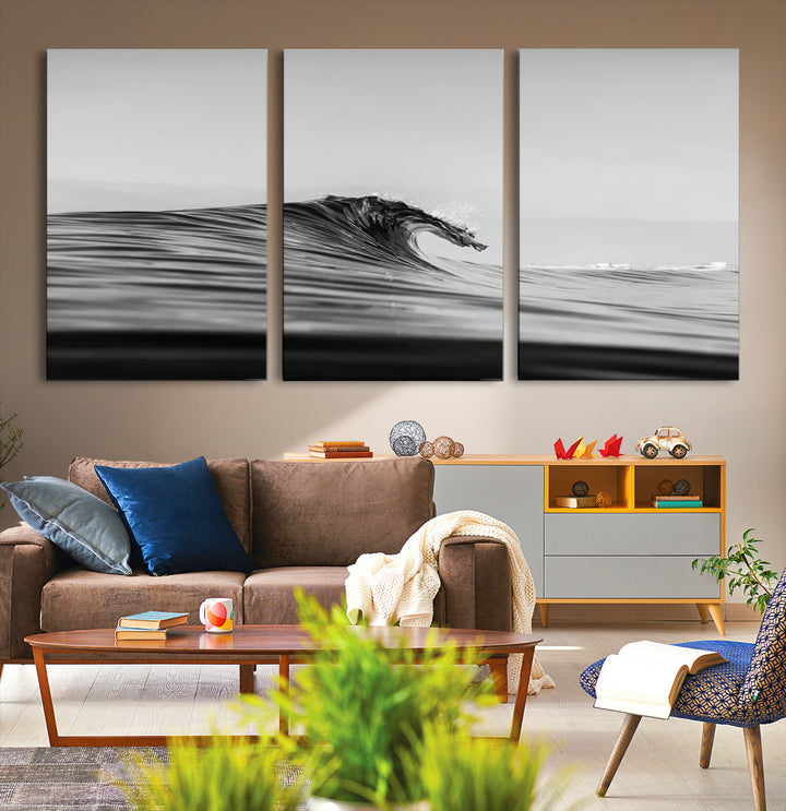 Black Wave Wall Art Canvas Print, Abstract Surf Print, Framed Minimalist Ocean Art Print, Large Black Water Printing Minimalist
