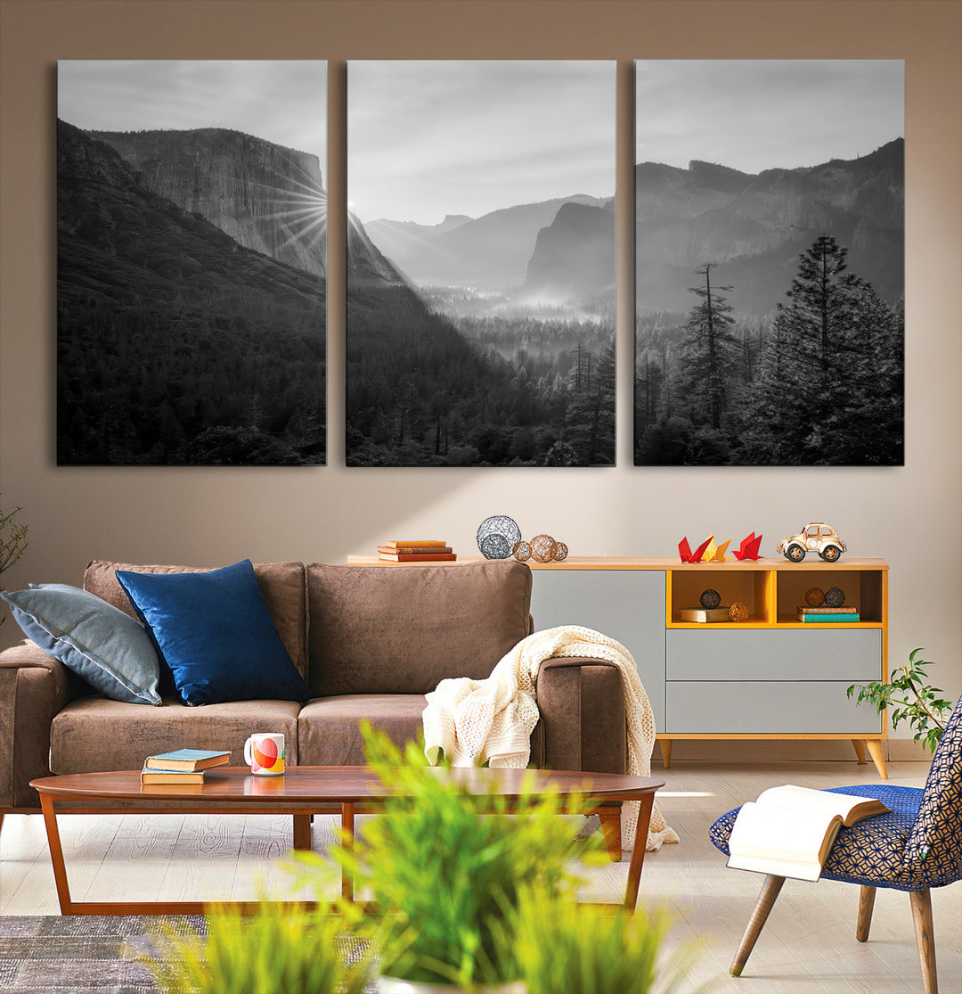 Yosemite Valley Wall Art Canvas Print, El Capitan Sunrise Print, Framed Misty Mountain Art Print, Large Monochrome Valley Printing