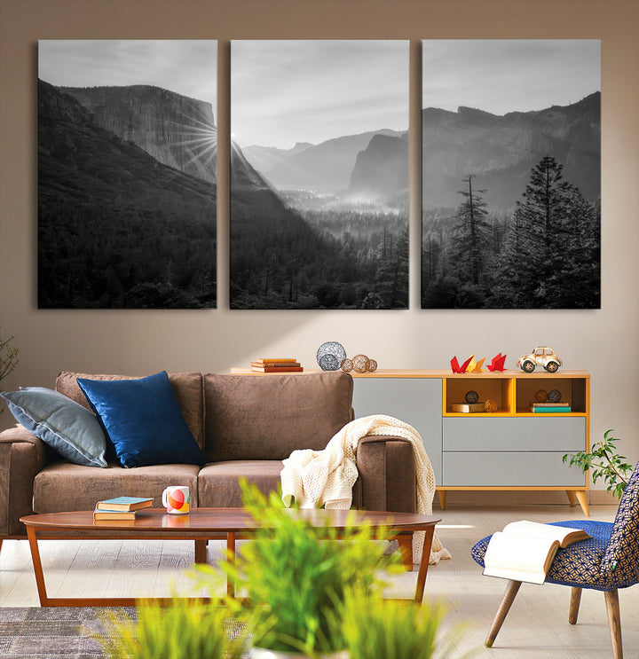 Yosemite Valley Wall Art Canvas Print, El Capitan Sunrise Print, Framed Misty Mountain Art Print, Large Monochrome Valley Printing