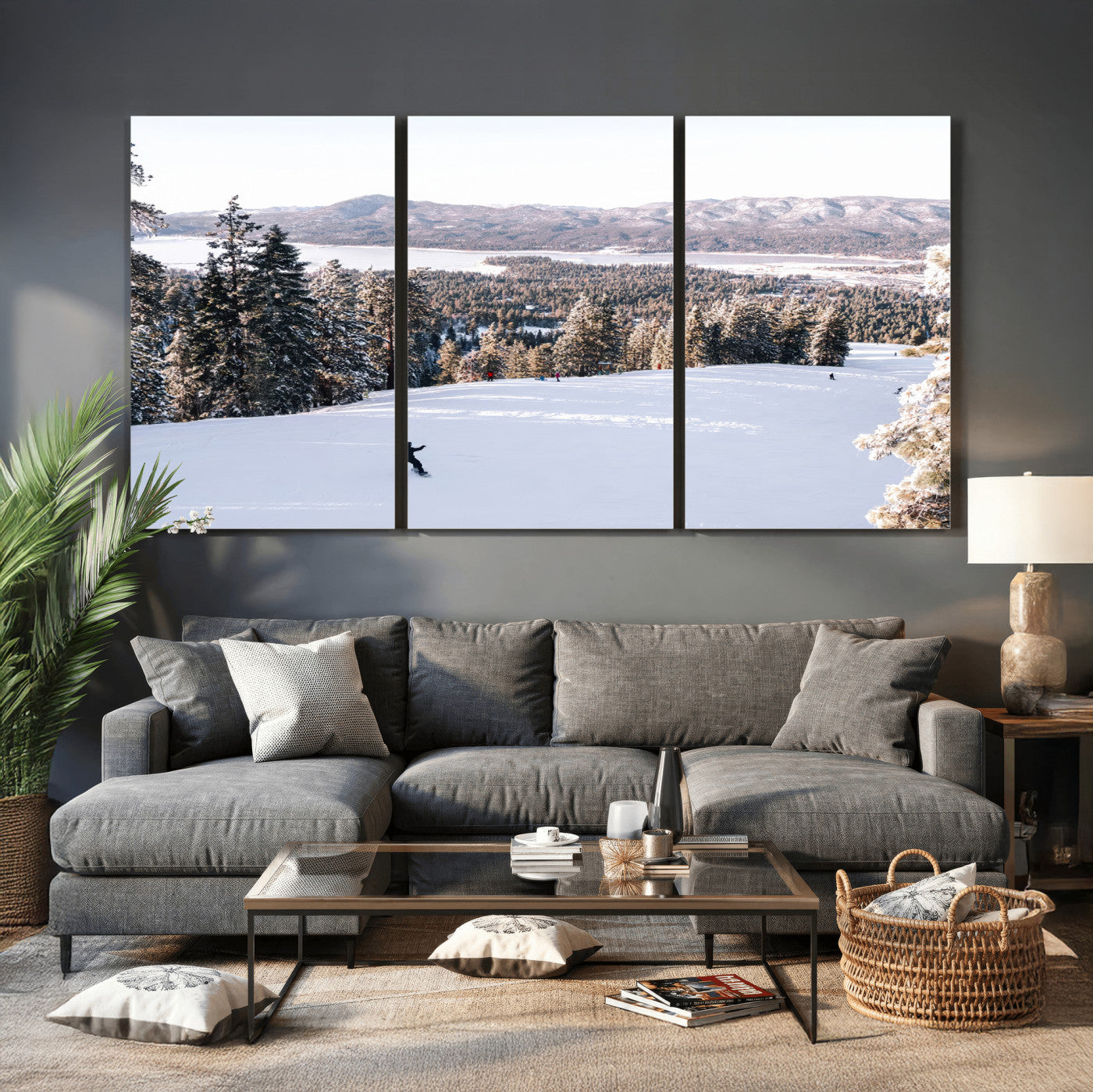 79857868-MGV-CV-36X24 - Snowboarder Wall Art – Winter Slope Canvas Print, Pine Forest, Snow-Covered Mountains, Outdoor Adventure for Living Room or Cabin Decor