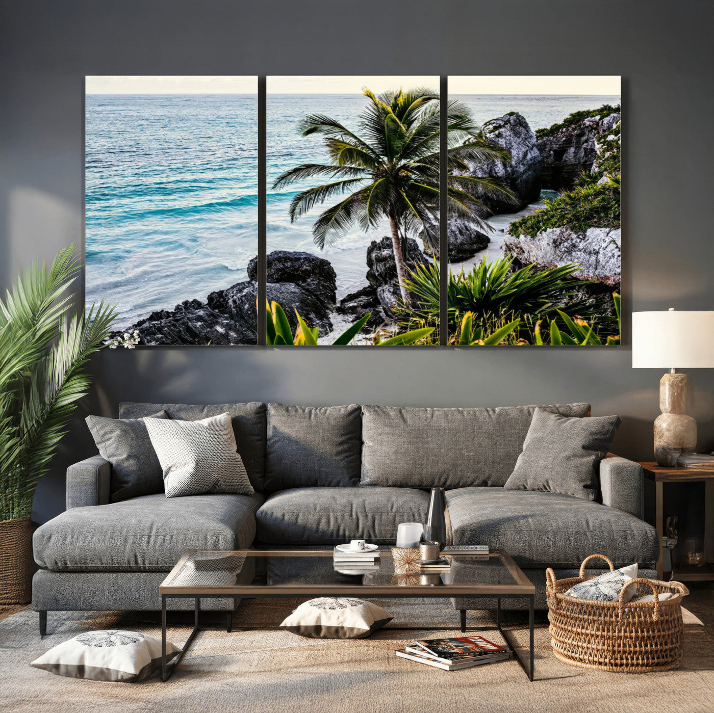 94669907-MGV-CV-36X24 - Tropical Palm Wall Art – Coastal Rocks Canvas Print, Ocean Breeze, Sandy Shore, Vibrant Green Foliage for Living Room or Beach House Decor