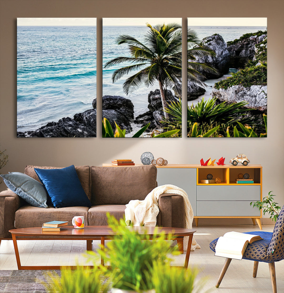 Tropical Coastline Wall Art Canvas Print, Framed Palm Tree Art Picture Print, Rocky Beach Perfect Tropical Coastal Decor