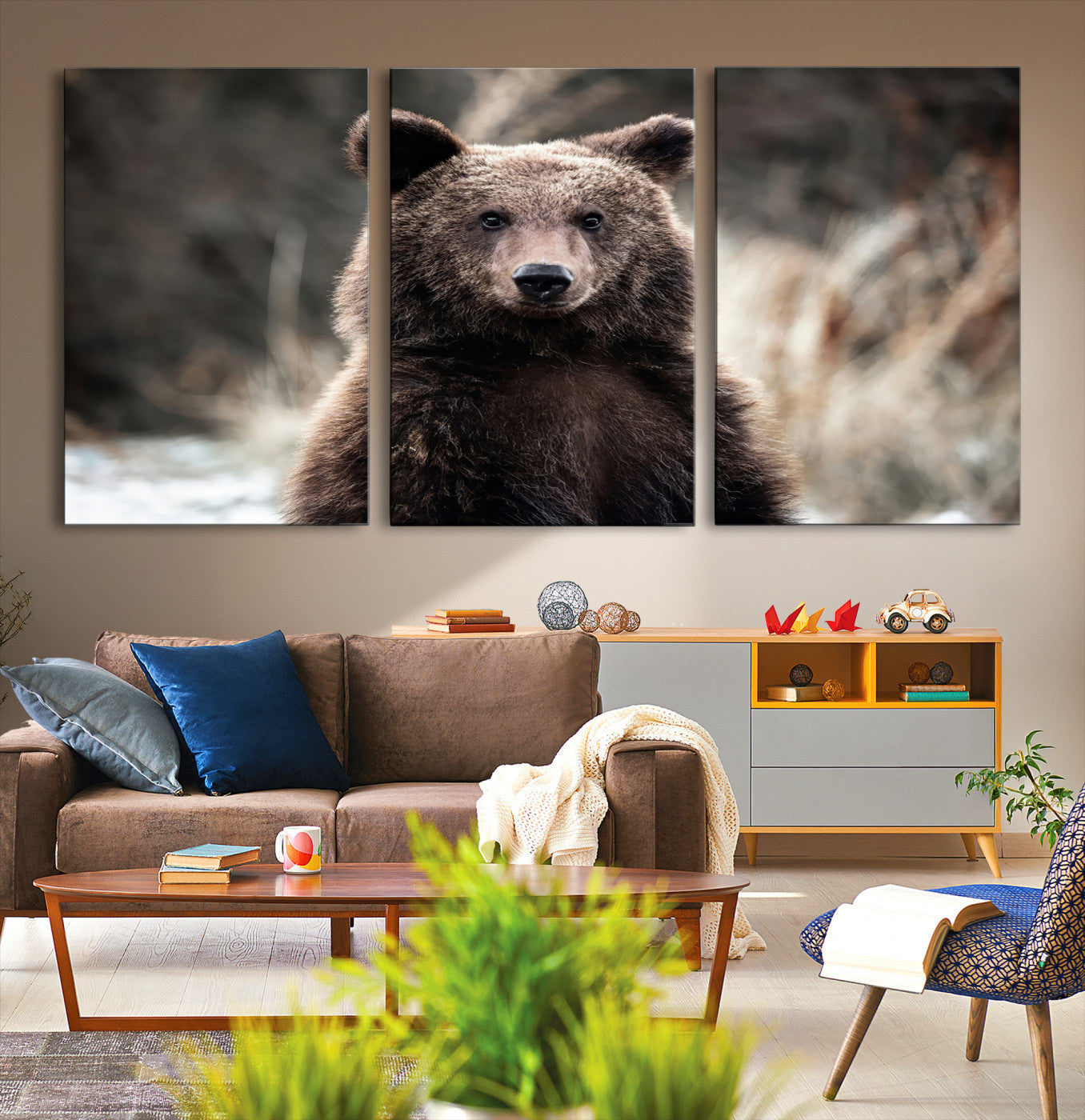 47112103-MGV-CV-36X24-Brown Bear Wall Art Canvas Print – Framed Majestic Woodland Wildlife Scene Artwork for Cabin, Home, Office, Living Room
