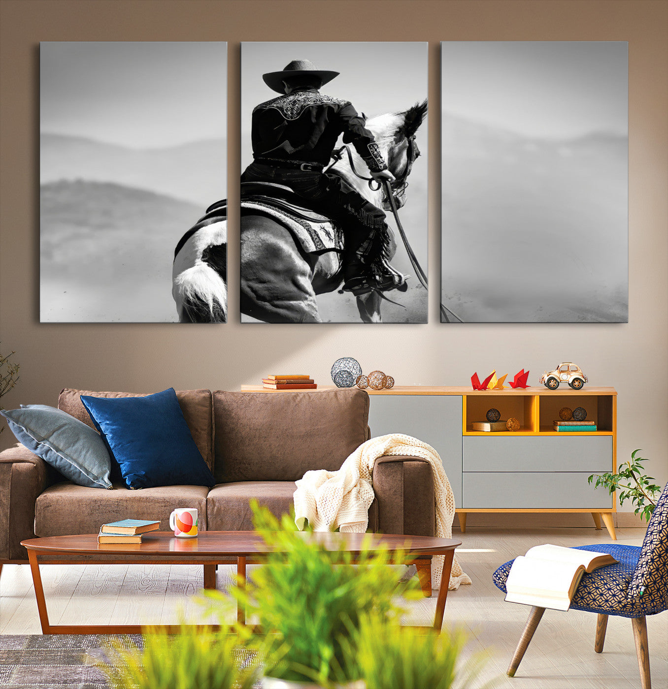83102464-MGV-CV-36X24-Western Wall Art Canvas Print – Framed Cowboy and Horse Scene Artwork for Rustic Western Home, Office Decor