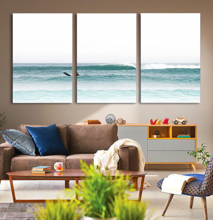 Surfing Wall Art Canvas Print, Framed Ocean Art Picture Print, Waves Perfect Minimalist Decor