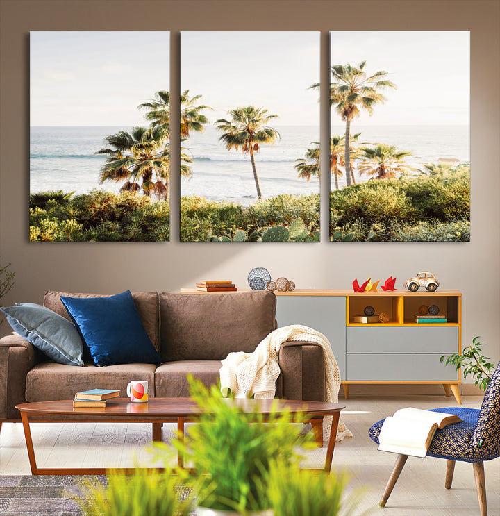 California Coast Wall Art Canvas Print, Framed Palm Trees Art Picture Print, Coastal Landscape Perfect Coastal Minimalist Decor