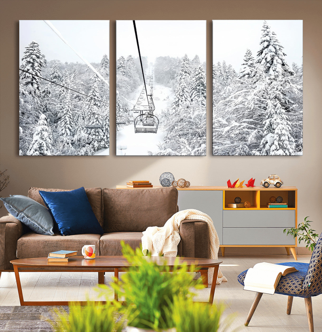MGV-CV-60X30-3P - Winter Snow Ski Lift Wall Art Canvas Print Winter Trees Print
