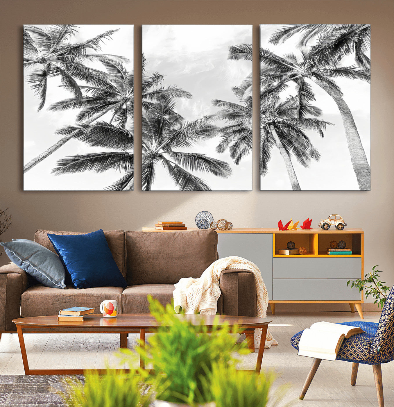 MGV-CV-60X30-3P - Black White Palm Wall Art Canvas Print, Framed Monochrome Tropics Art Picture Print, Minimalist Beach Perfect Coastal Minimalist Decor Artwork