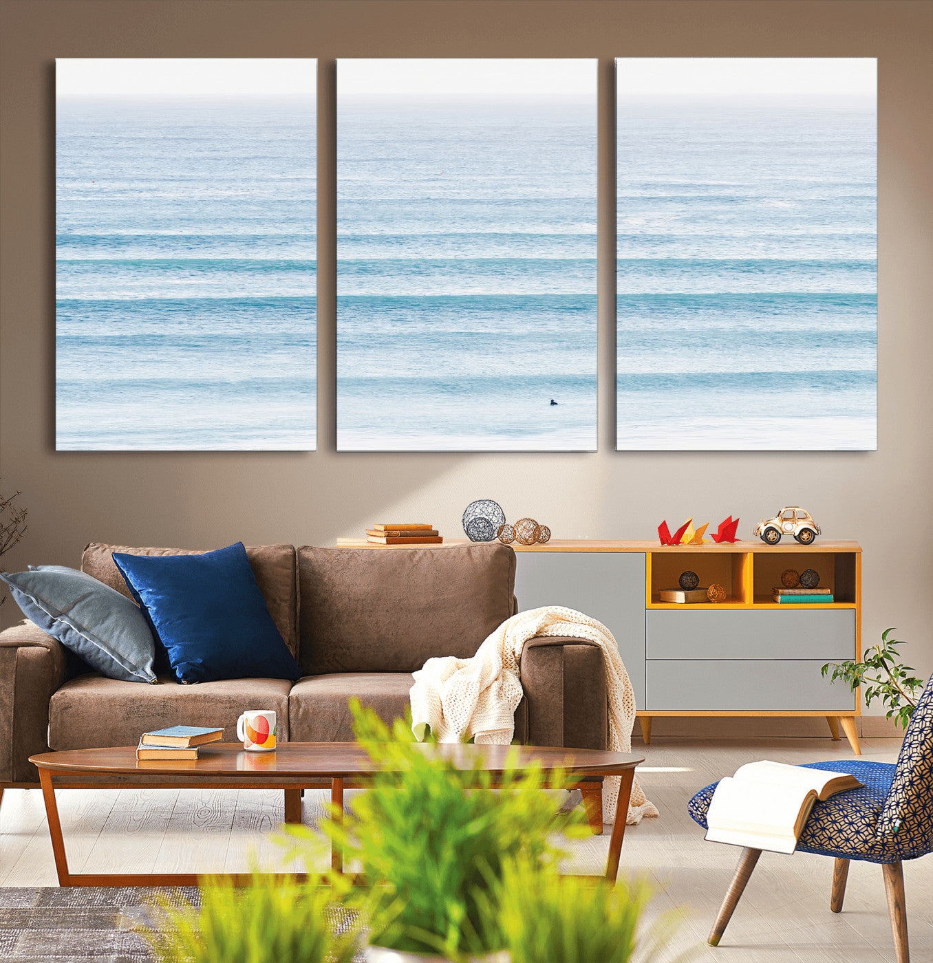 77145995-MGV-CV-36X24-Ocean Wave Surfer Wall Art – Framed Minimal Seascape Canvas Artwork, Calm Blue Water Design, Coastal Decor for Home, Office