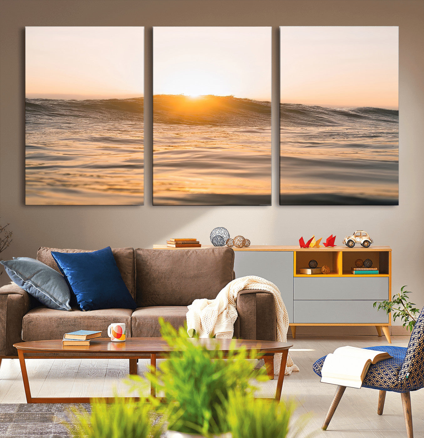 16973771-MGV-CV-36X24-Calm Water Wall Art – Framed Sunset Waves Canvas Artwork, Coastal Warm Design, Minimal Ocean Decor for Home, Office