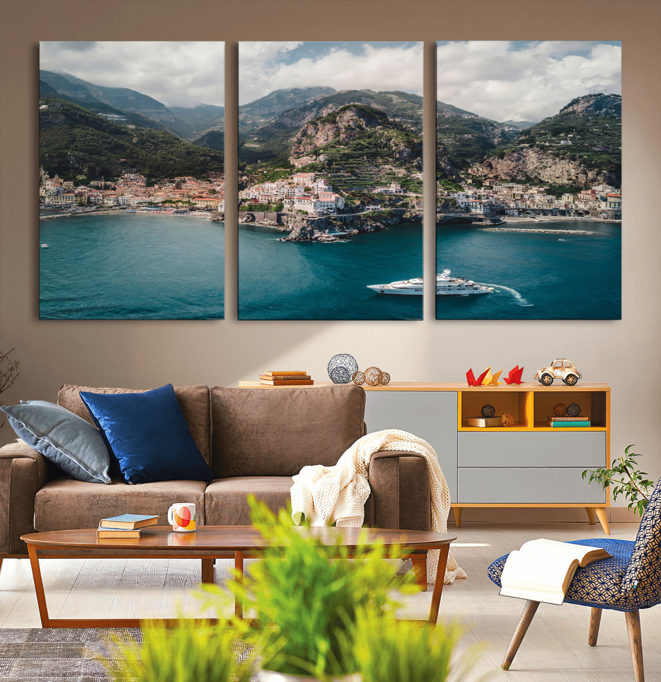 20321590-MGV-CV-36X24-Amalfi Coast Wall Art – Framed Italian Seaside Canvas Artwork, Mediterranean Landscape Design, Coastal Decor for Home, Office