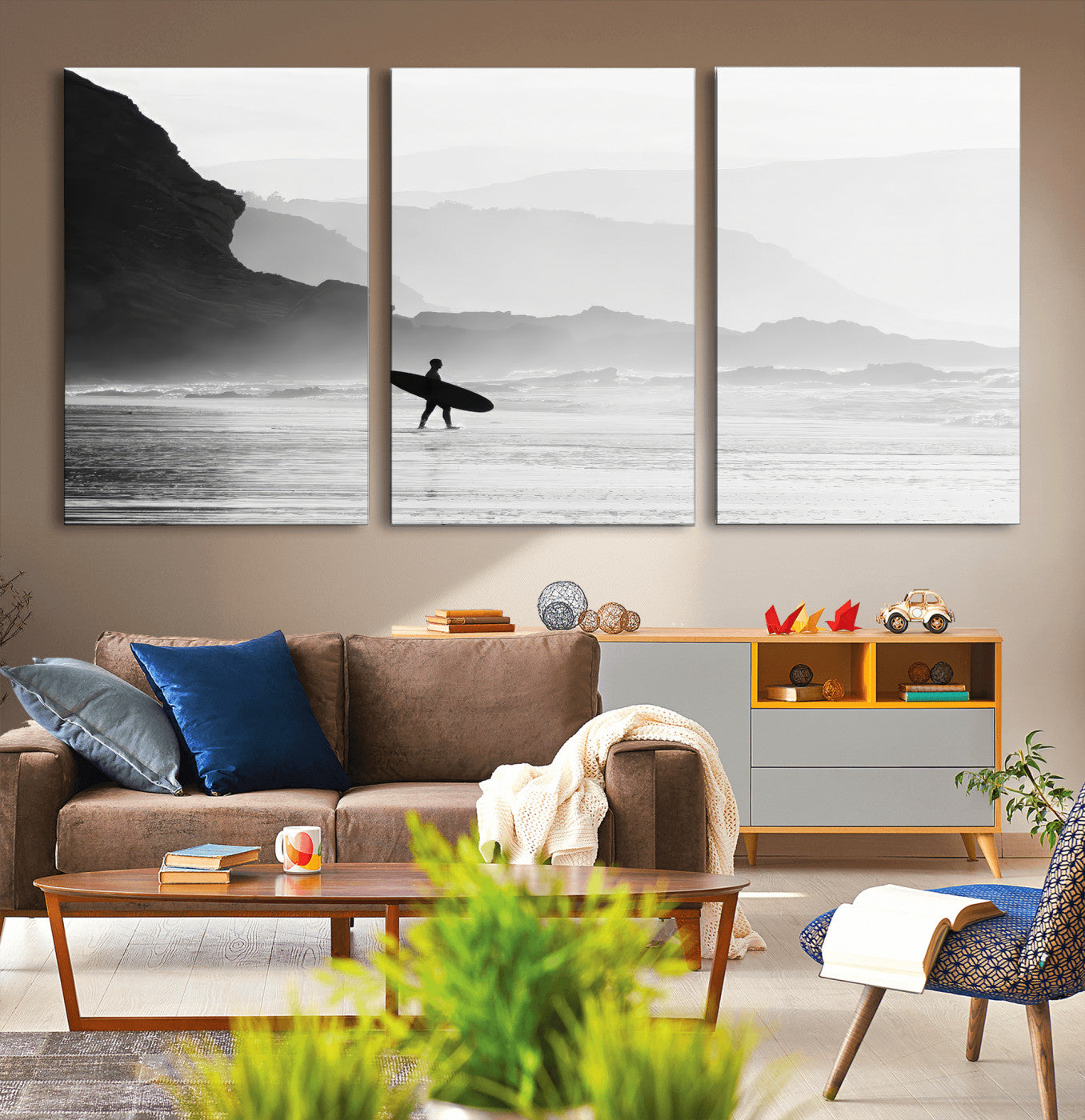 69956934-MGV-CV-36X24-Surfer Beach Wall Art – Framed Black White Ocean Canvas Artwork, Misty Coastal Design, Minimal Surf Decor for Home, Office
