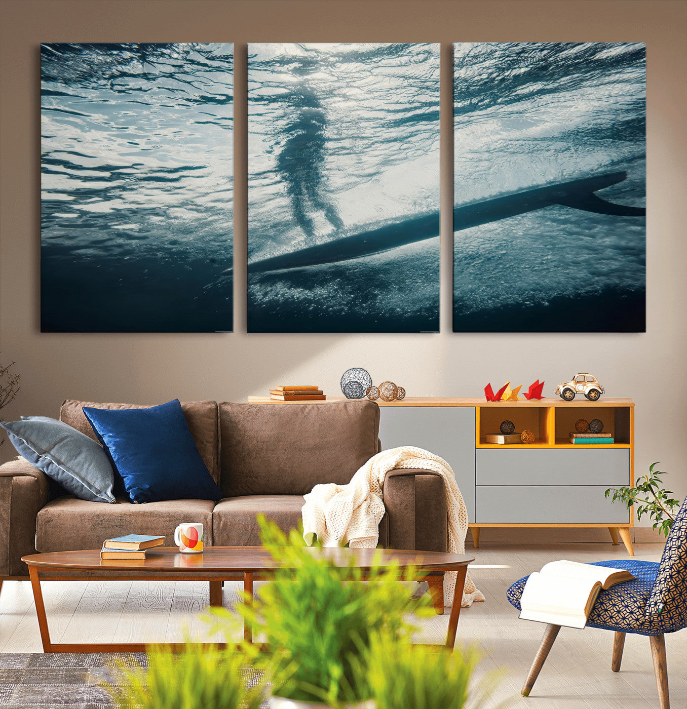 MGV-CV-60X30-3P - Submerged Surf Wall Art Canvas Print, Framed Underwater Perspective Art Picture Print, Ocean Surf Perfect Coastal Adventure Decor Artwork