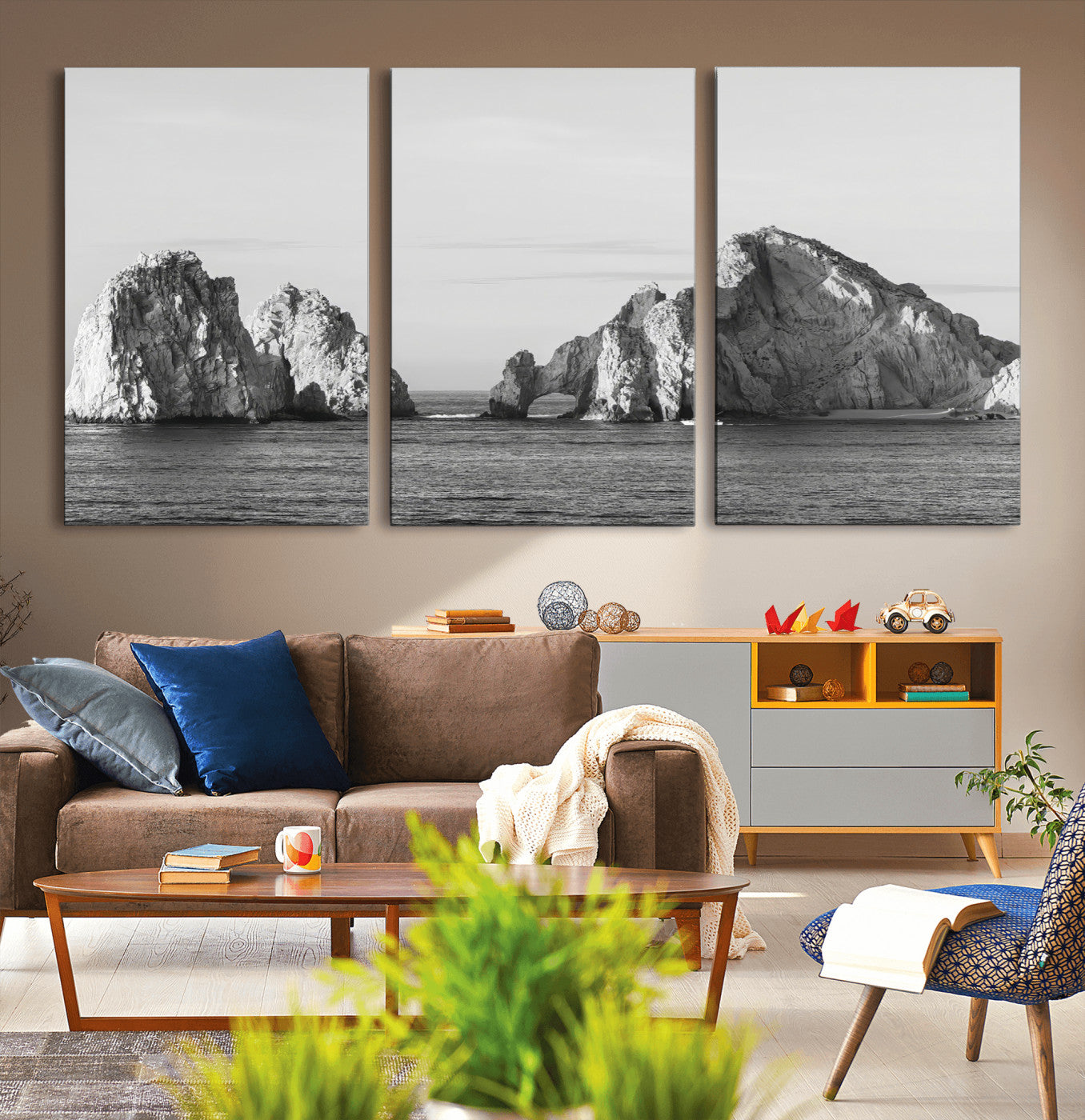 18810731-MGV-CV-36X24-Coastal Rock Arch Wall Art – Framed Black White Ocean Canvas Artwork, Natural Cliff Design, Minimal Decor for Home, Office