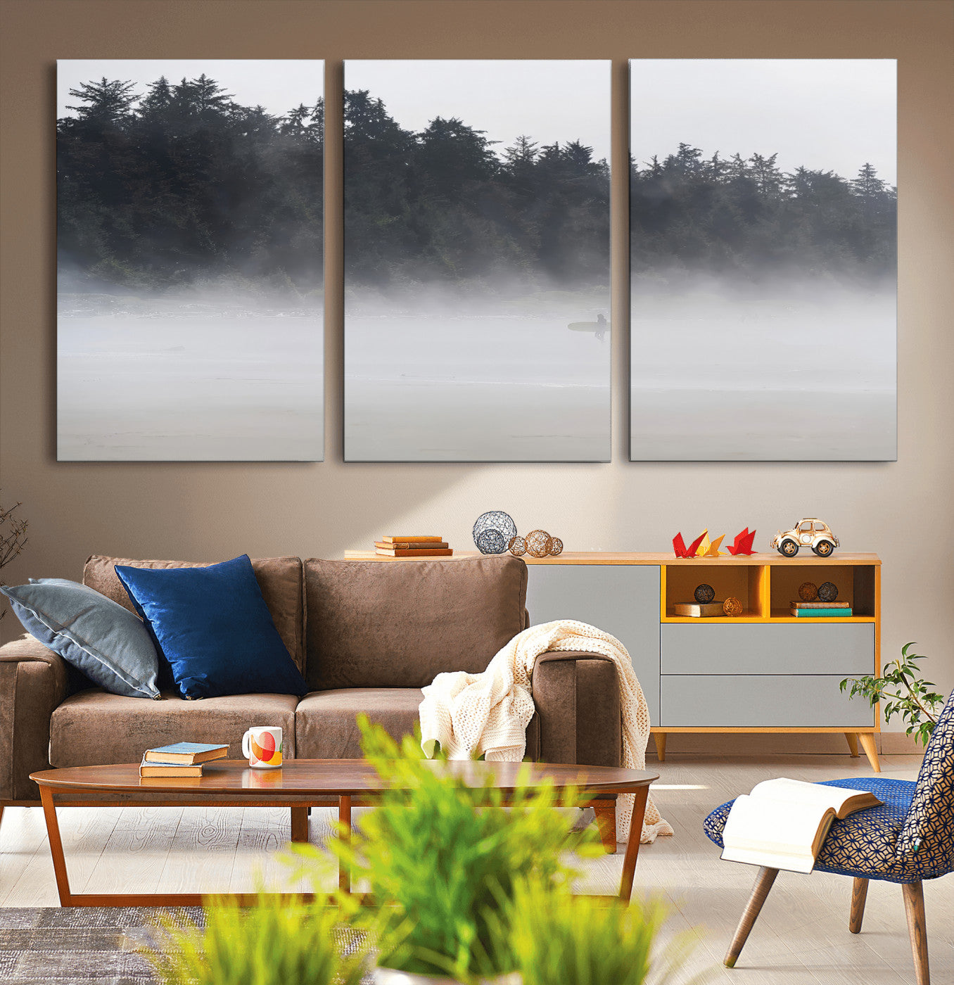 59703275-MGV-CV-36X24-Surfer Fog Wall Art Canvas Print – Framed Foggy Beach Scene with Coastal Surf Artwork for Home, Office, Living Room