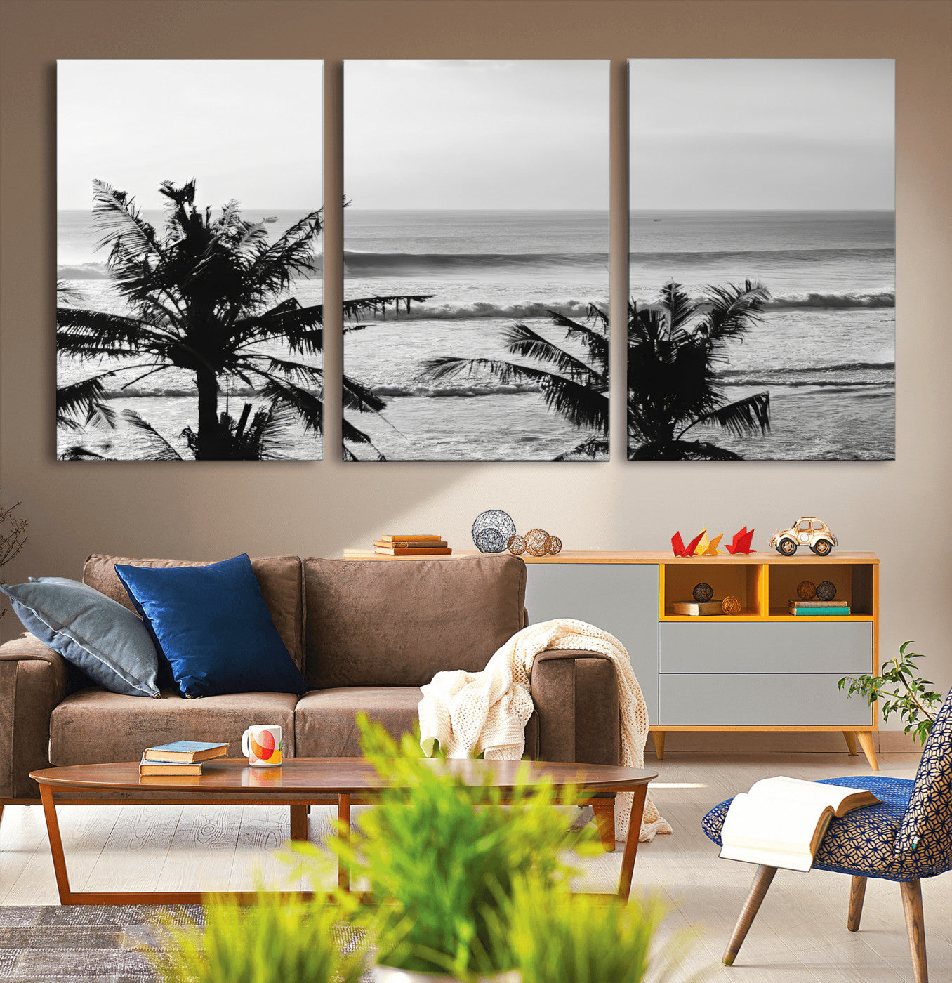 17508038-MGV-CV-36X24-Tropical Coastline Wall Art Canvas Print – Framed Palm Trees Scene with Ocean Waves Artwork for Home, Office