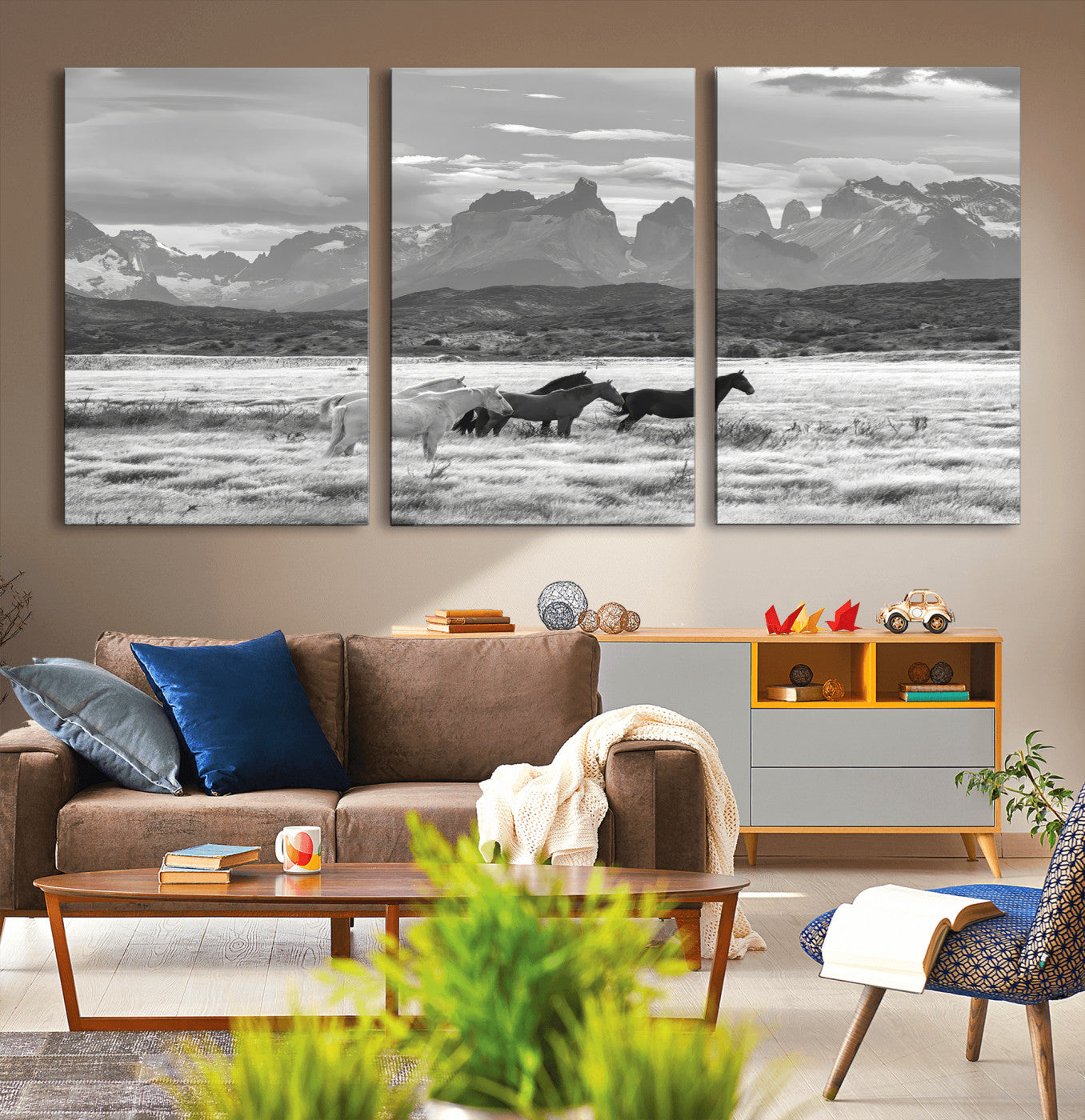 MGV-CV-60X30-3P - Wild Horses Wall Art Canvas Print, Framed Black White Mountains Art Picture Print, Rustic Countryside Perfect Rustic Western Decor Artwork