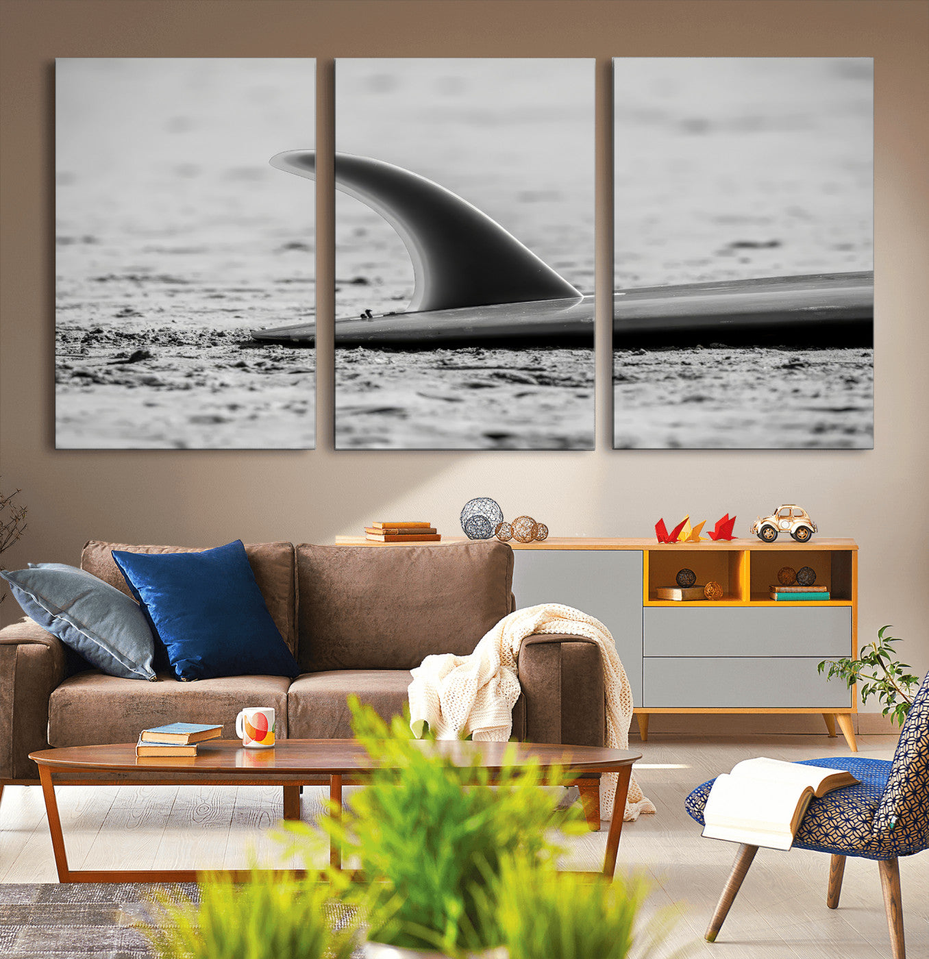MGV-CV-60X30-3P - Black White Surfboard Wall Art Canvas Print, Framed Minimalist Beach Art Picture Print, Surf Fin Perfect Minimalist Coastal Decor Artwork