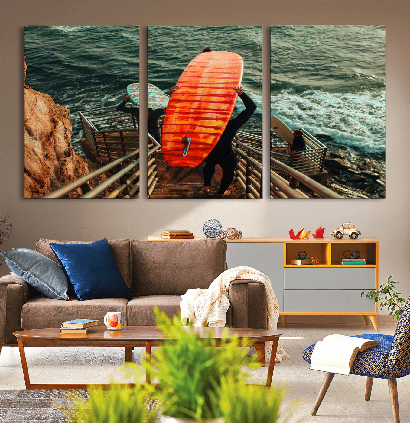 MGV-CV-60X30-3P - Surfer Stairway Wall Art Canvas Print, Framed Ocean Surf Art Picture Print, Sunset Coastal Perfect Coastal Adventure Decor Artwork