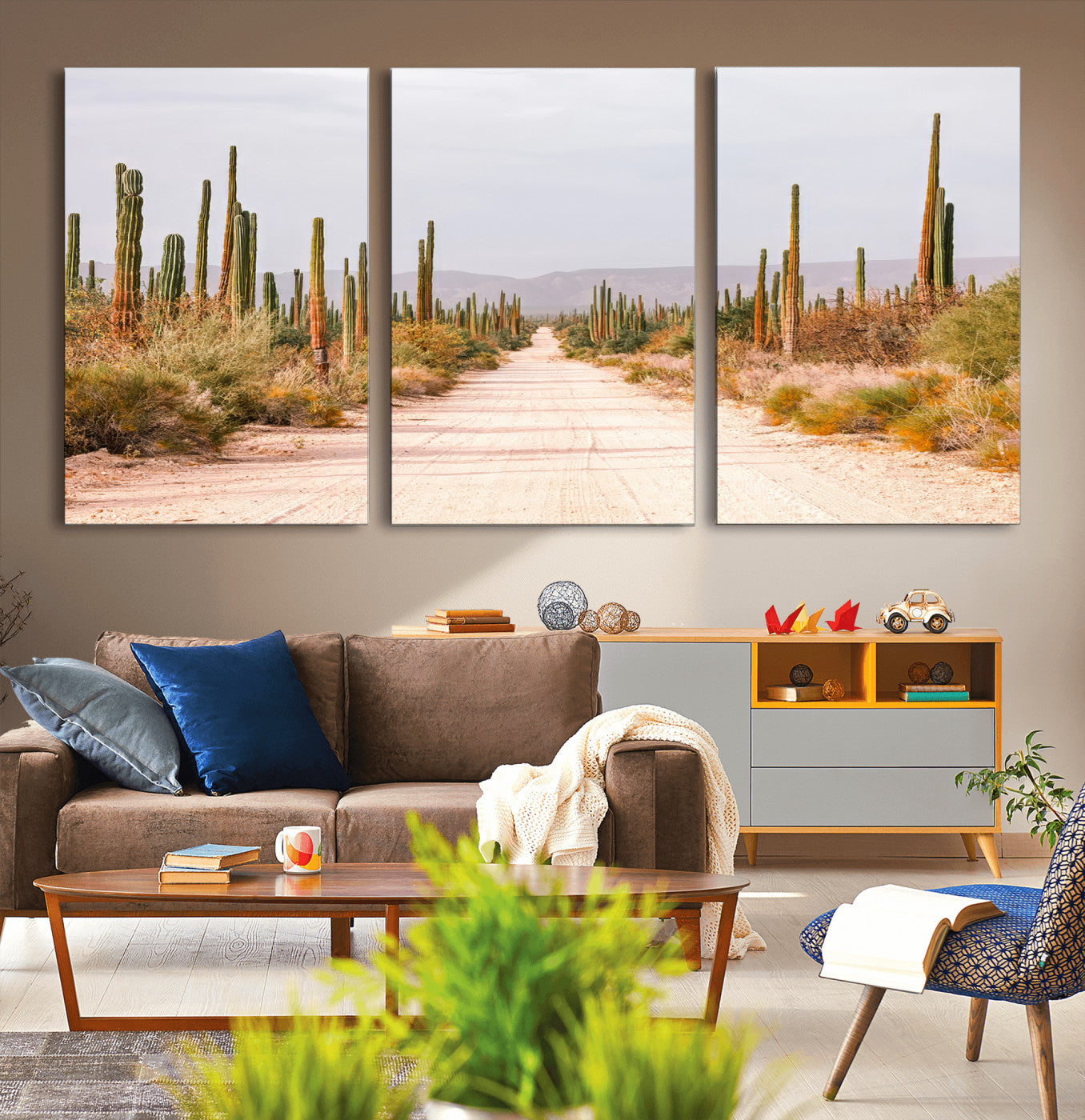 MGV-CV-60X30-3P - Desert Cactus Lined Road Wall Art Canvas Print, Framed Southwestern Landscape Art Picture Print, Bohemian Western Aesthetic Perfect Southwestern Boho Decor Artwork