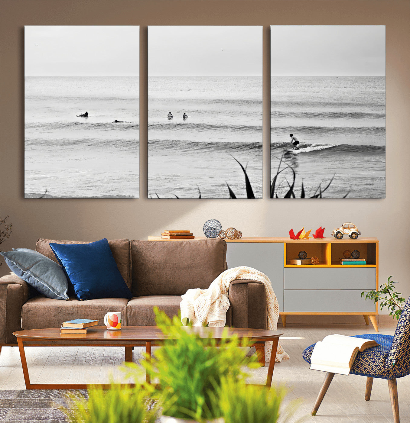MGV-CV-60X30-3P - Surfer Silhouette Wall Art Canvas Print, Framed Calm Ocean Art Picture Print, Monochrome Surf Perfect Minimalist Coastal Decor Artwork